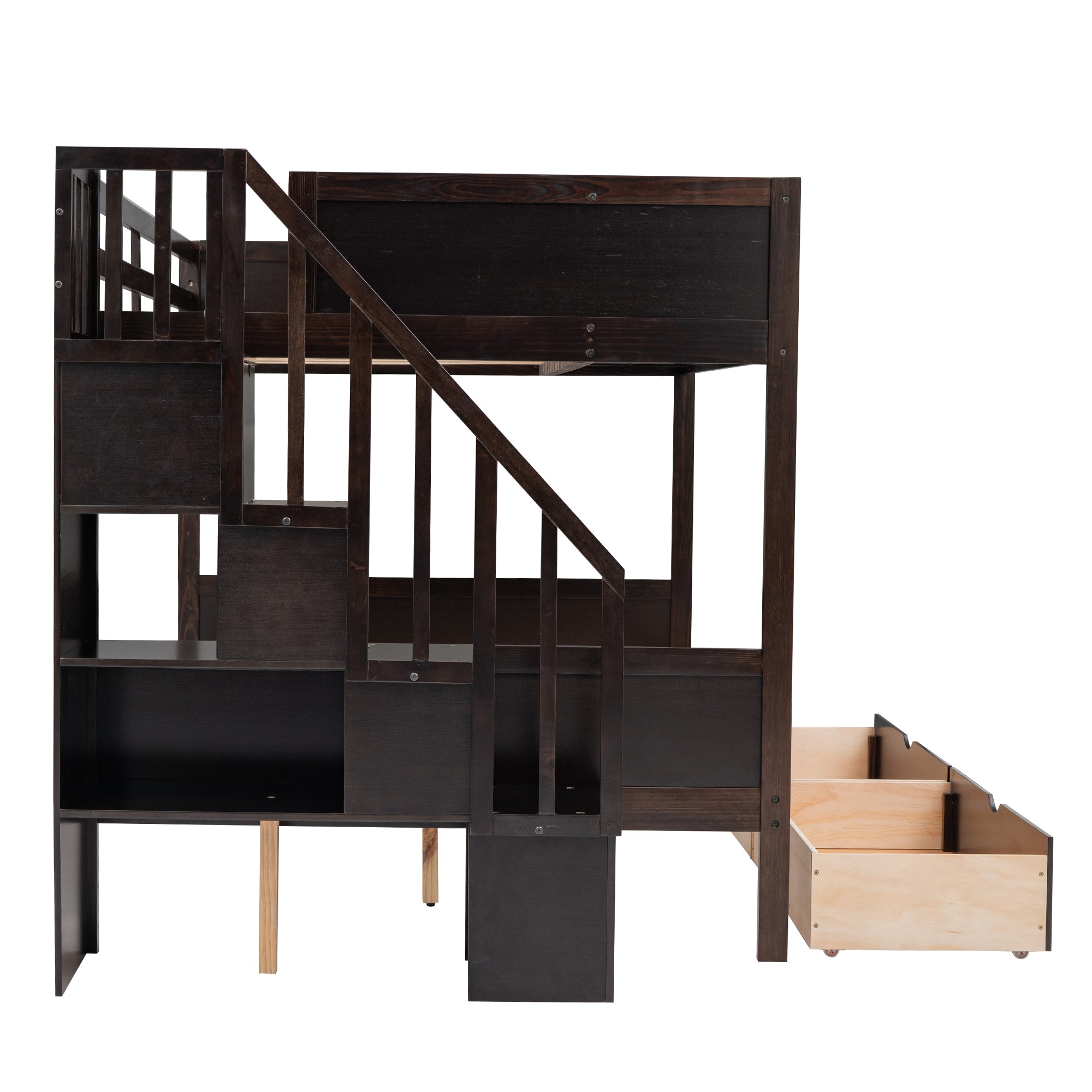 Royard Oaktree Twin over Full Bunk Bed with Top Shelves and Under-Bed Drawers Wood Bunk Bed Frame with Storage Staircase and Guardrail