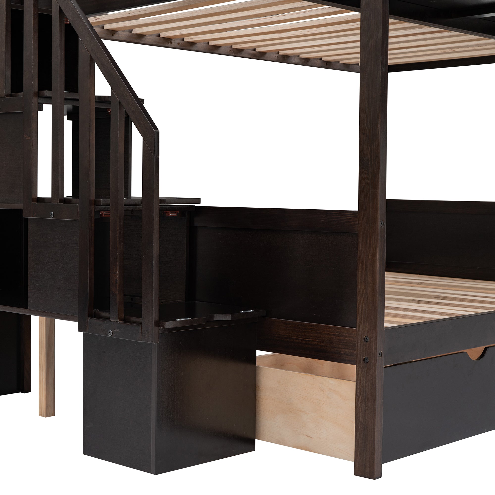 Royard Oaktree Twin over Full Bunk Bed with Top Shelves and Under-Bed Drawers Wood Bunk Bed Frame with Storage Staircase and Guardrail