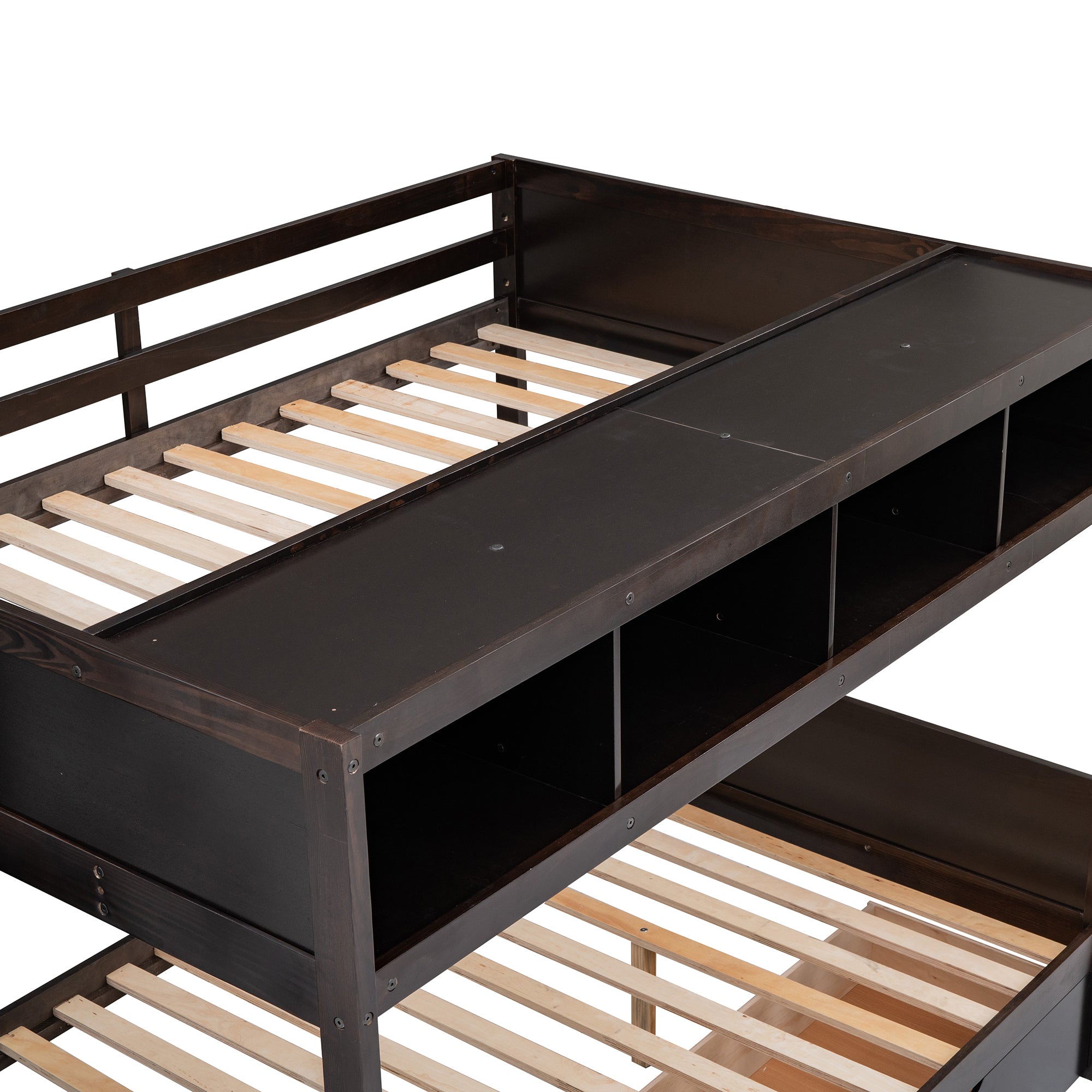 Royard Oaktree Twin over Full Bunk Bed with Top Shelves and Under-Bed Drawers Wood Bunk Bed Frame with Storage Staircase and Guardrail