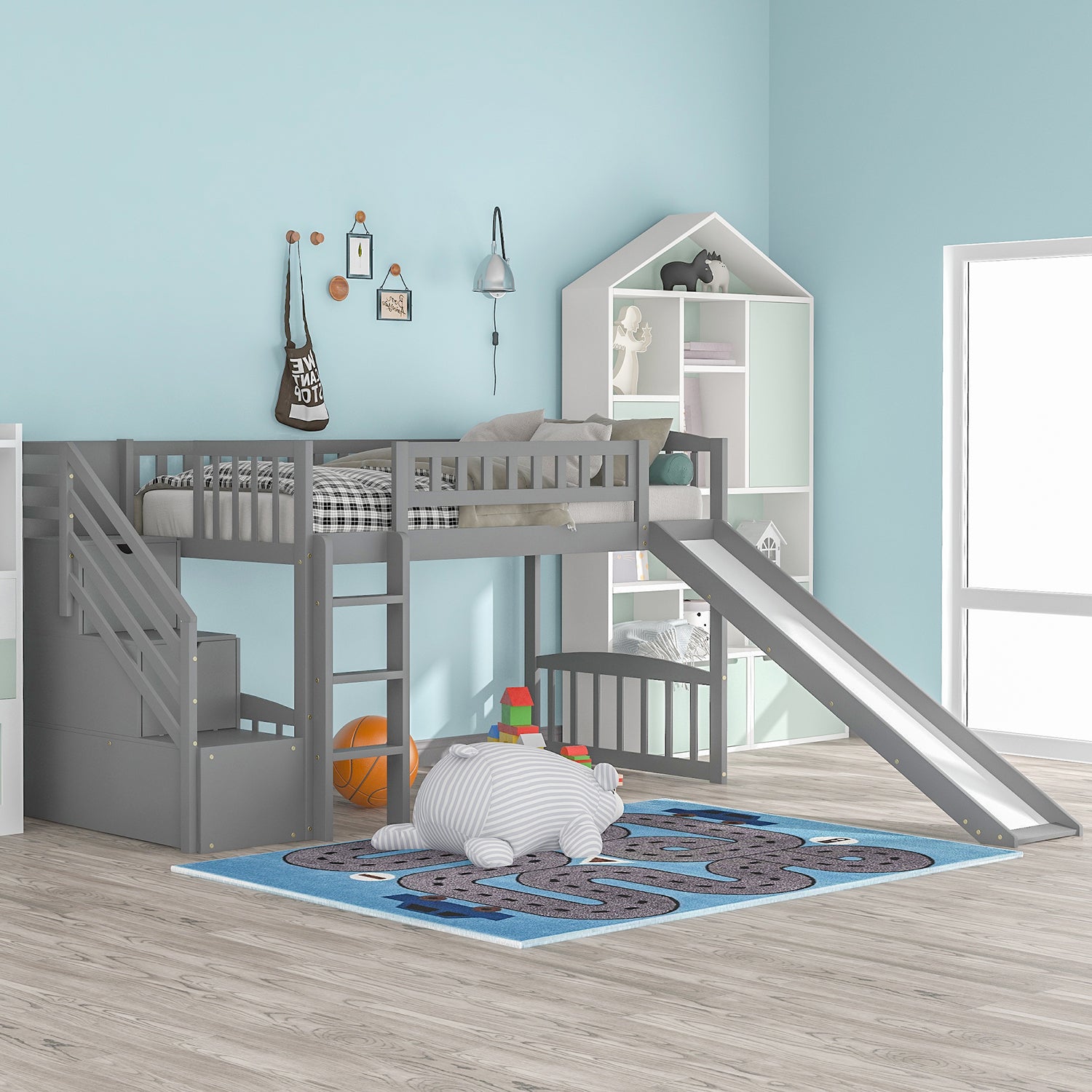 Royard Oaktree Twin Size Loft Bed with Slide and Storage Stairway Wooden Loft Bed Frame with Guardrail and Ladder for Kids Boys Girls Teens, No Box Spring Needed