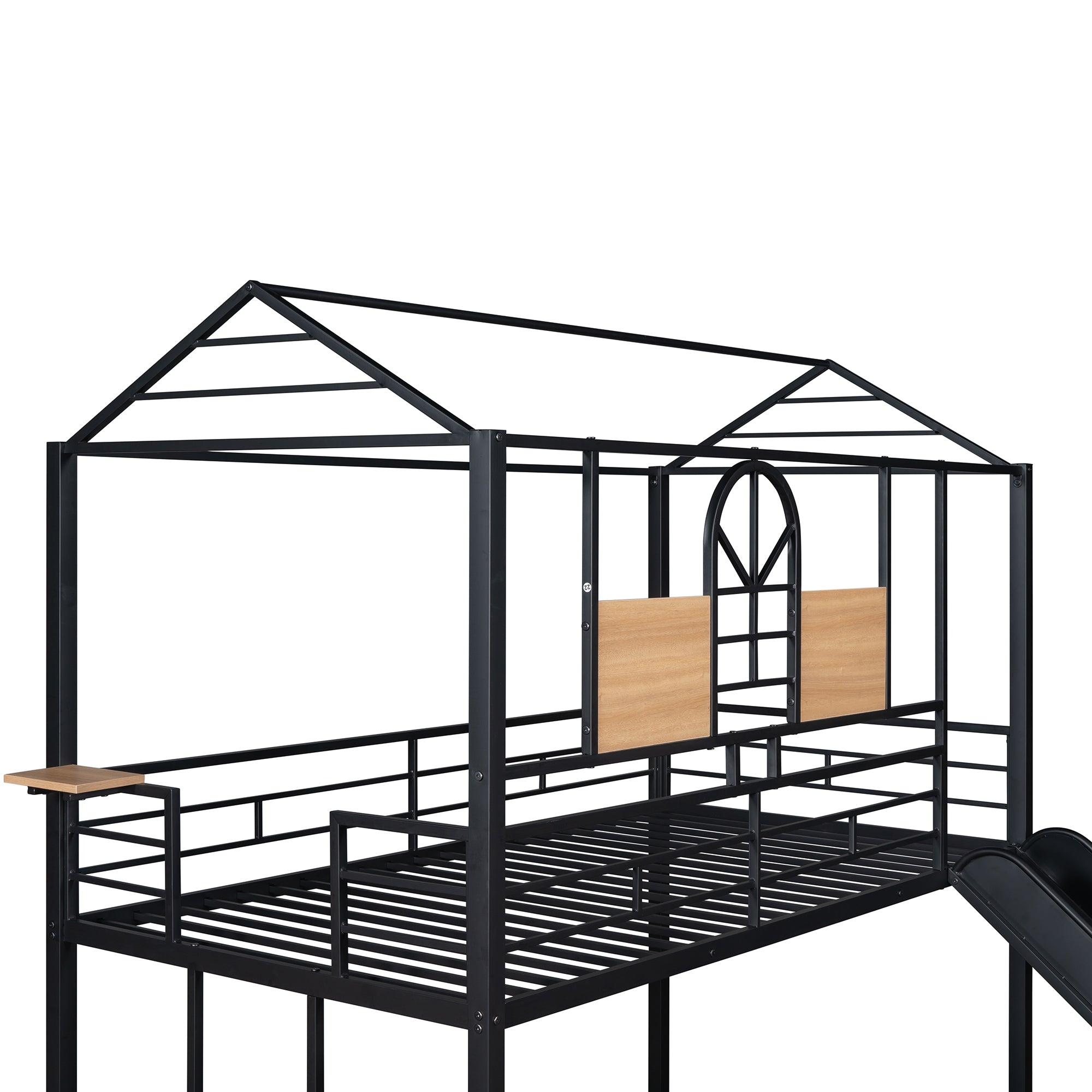 Royard Oaktree Twin Over Twin Metal Bunk Bed with Slide and Ladder Modern House Bunk Bed with Roof and Window