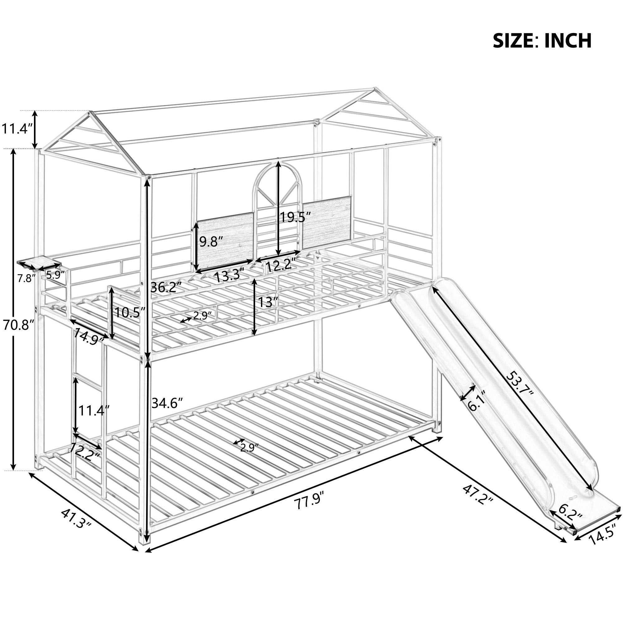 Royard Oaktree Twin Over Twin Metal Bunk Bed with Slide and Ladder Modern House Bunk Bed with Roof and Window