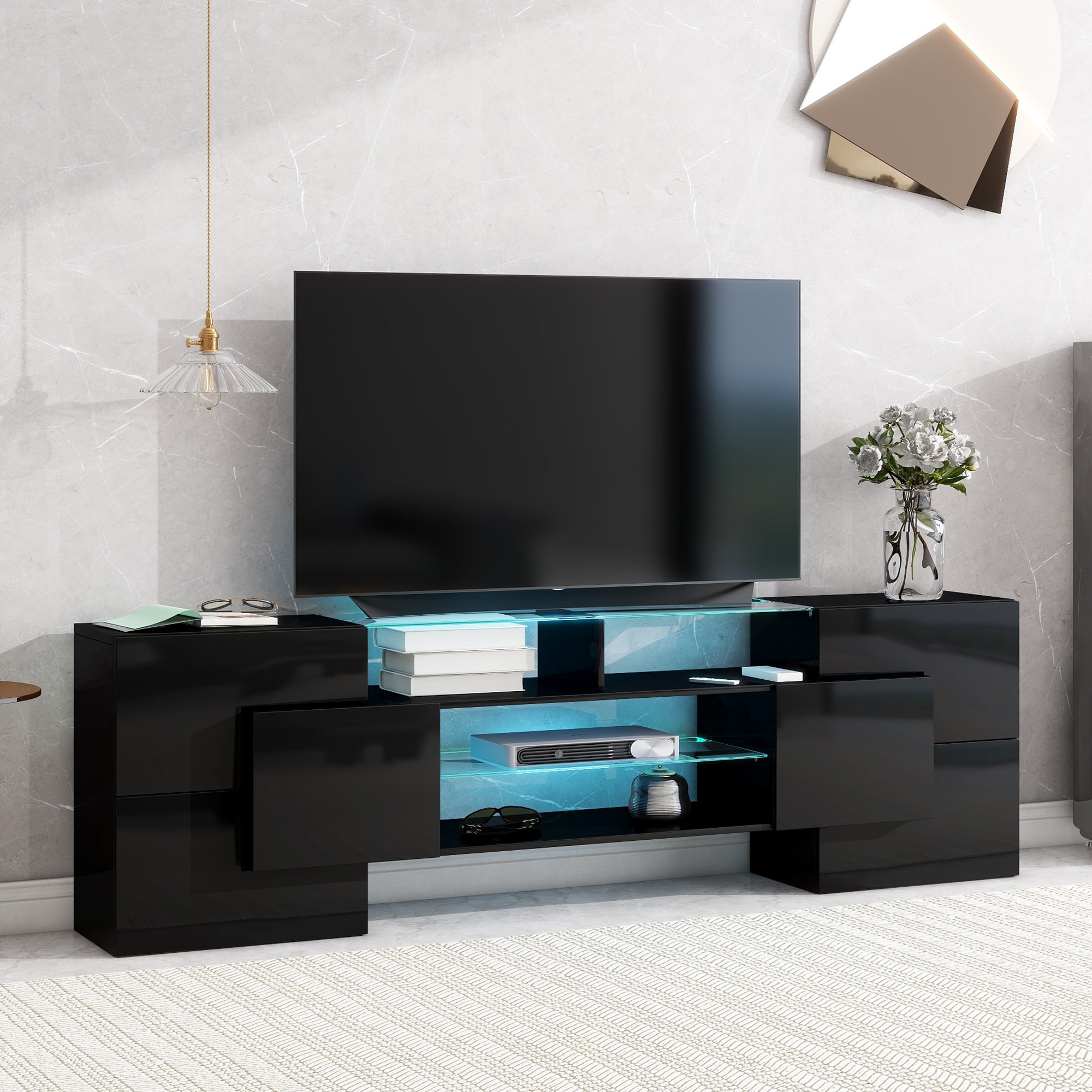 Royard Oaktree TV Stand with LED Lights for TVs up to 80 Unique Shape TV Console with Storage Cabinets and 2 Glass Shelves High Gloss Entertainment Media Center for Living Room Bedroom