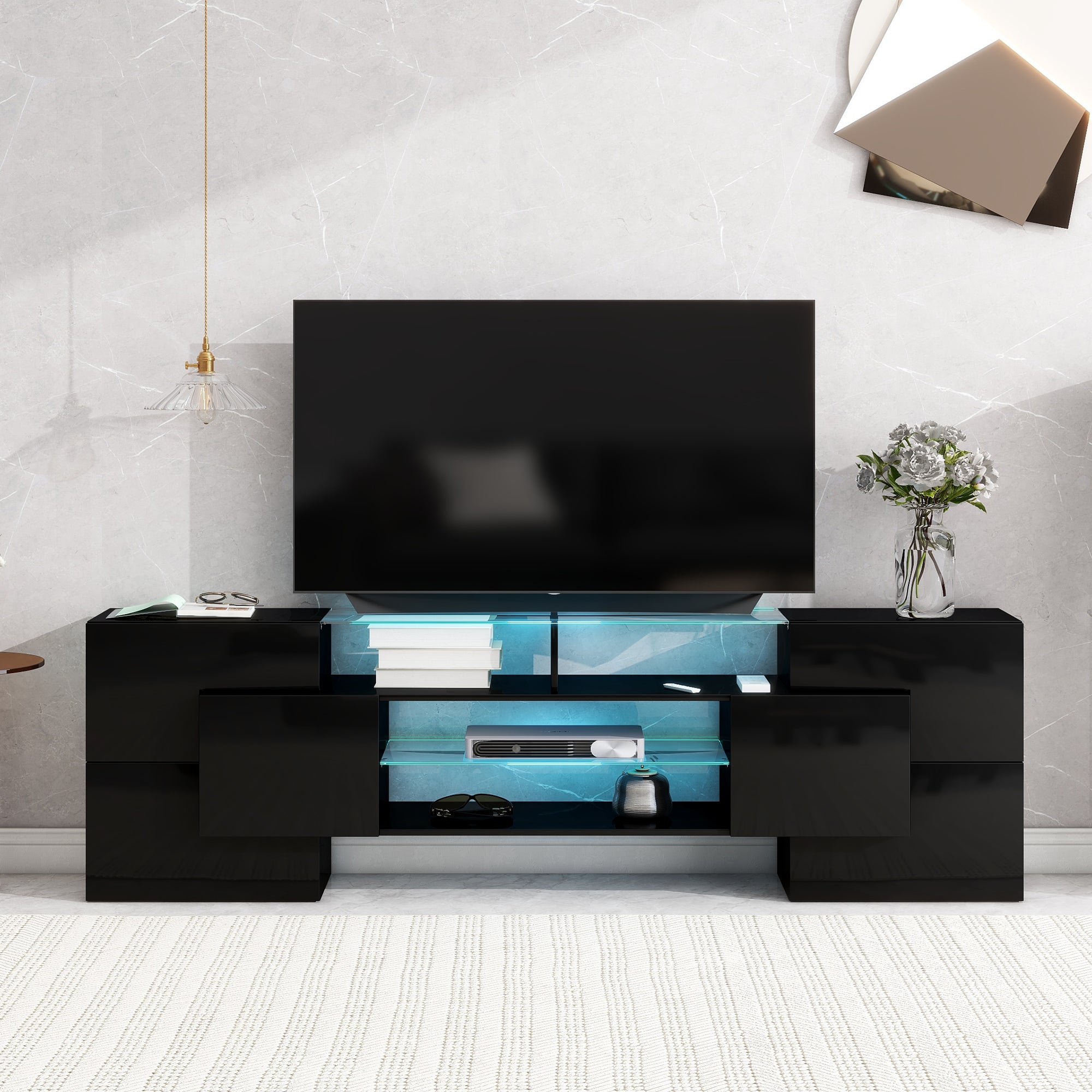 Royard Oaktree TV Stand with LED Lights for TVs up to 80 Unique Shape TV Console with Storage Cabinets and 2 Glass Shelves High Gloss Entertainment Media Center for Living Room Bedroom