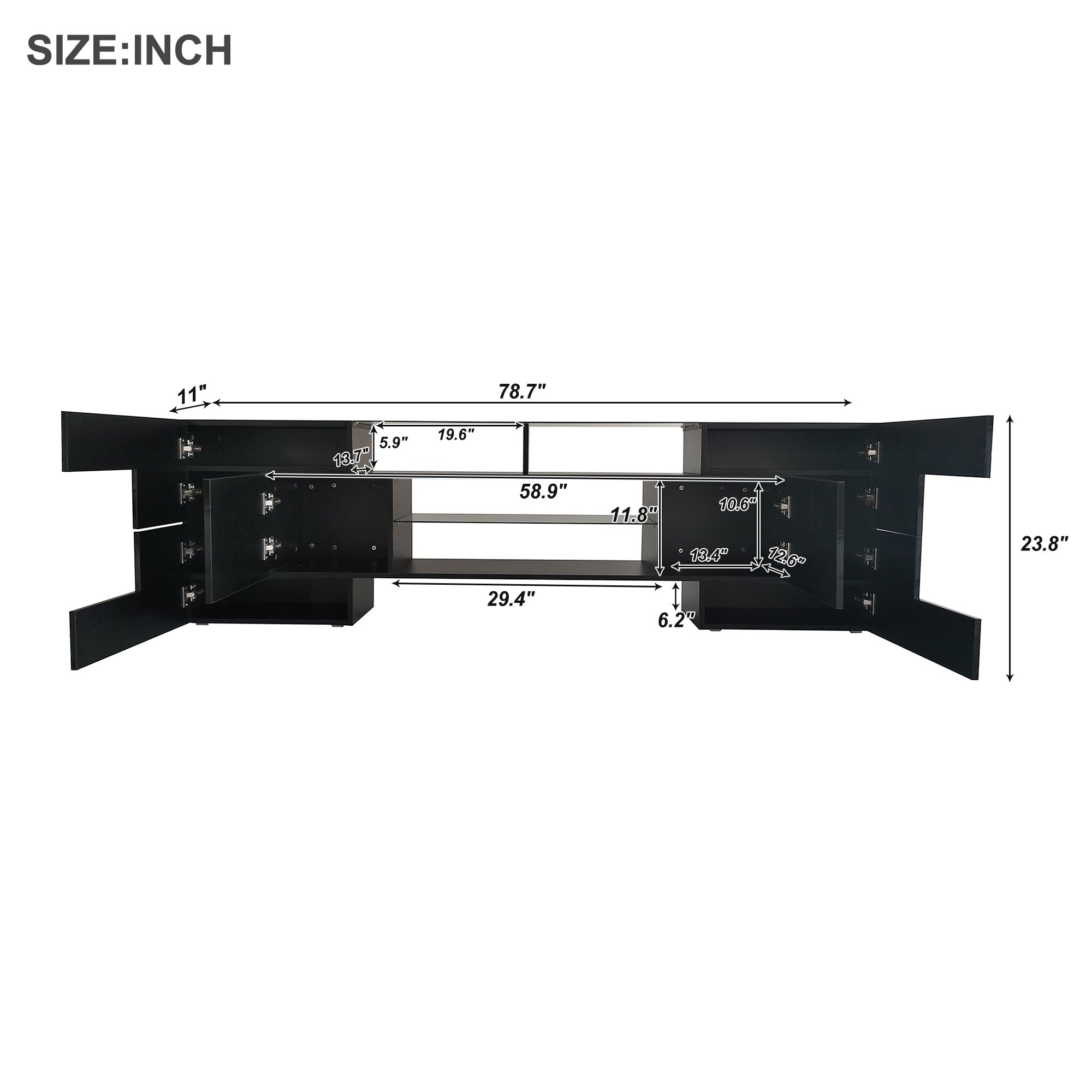 Royard Oaktree TV Stand with LED Lights for TVs up to 80 Unique Shape TV Console with Storage Cabinets and 2 Glass Shelves High Gloss Entertainment Media Center for Living Room Bedroom