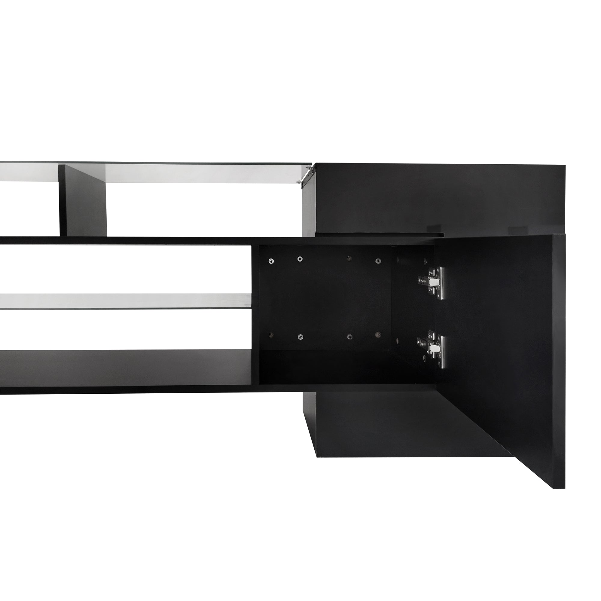 Royard Oaktree TV Stand with LED Lights for TVs up to 80 Unique Shape TV Console with Storage Cabinets and 2 Glass Shelves High Gloss Entertainment Media Center for Living Room Bedroom