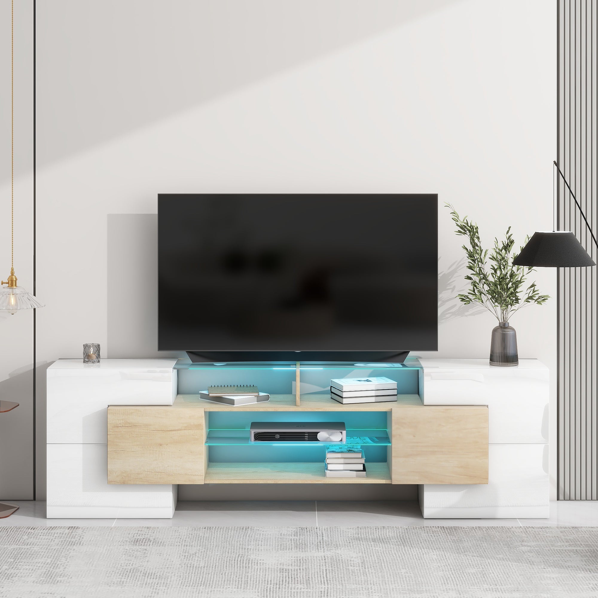 Royard Oaktree TV Stand with LED Lights for TVs up to 80 Unique Shape TV Console with Storage Cabinets and 2 Glass Shelves High Gloss Entertainment Media Center for Living Room Bedroom