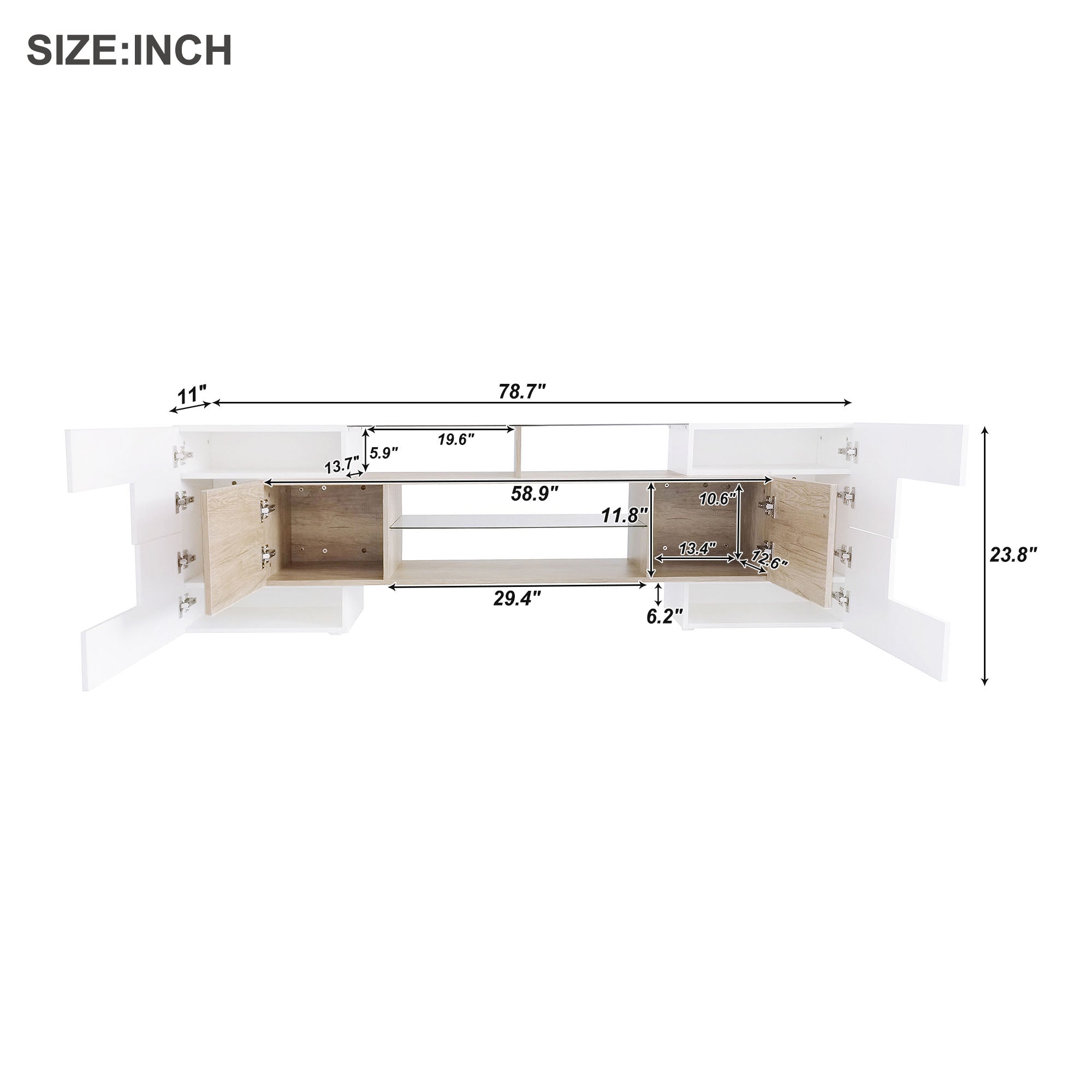 Royard Oaktree TV Stand with LED Lights for TVs up to 80 Unique Shape TV Console with Storage Cabinets and 2 Glass Shelves High Gloss Entertainment Media Center for Living Room Bedroom