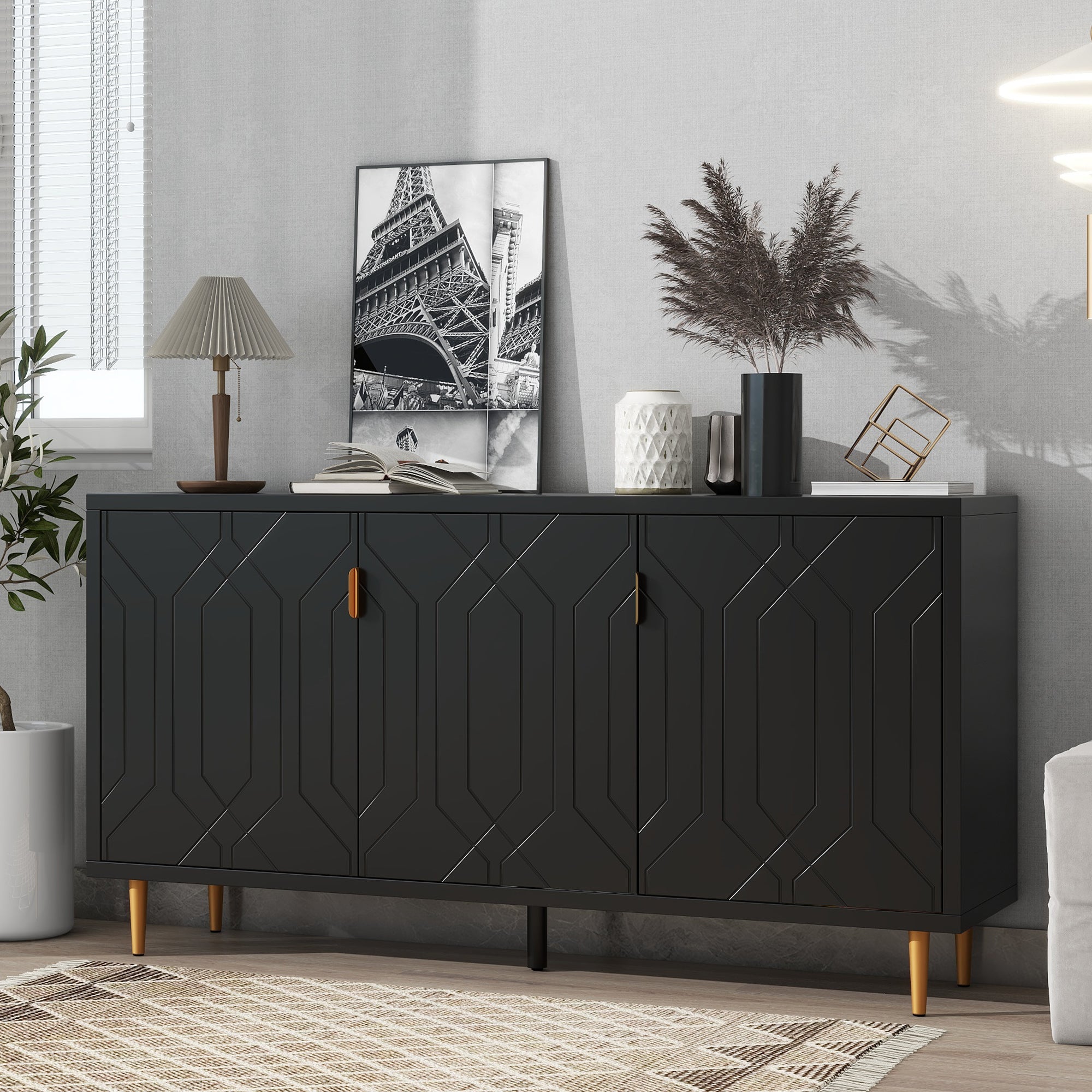 Royard Oaktree 65" Storage Cabinet with 3 Doors and Adjustable Shelves Modern Sideboard Buffet Cabinet with Golden Metal Legs Accent Console Kitchen Bar Cabinet for Hallway Living Room