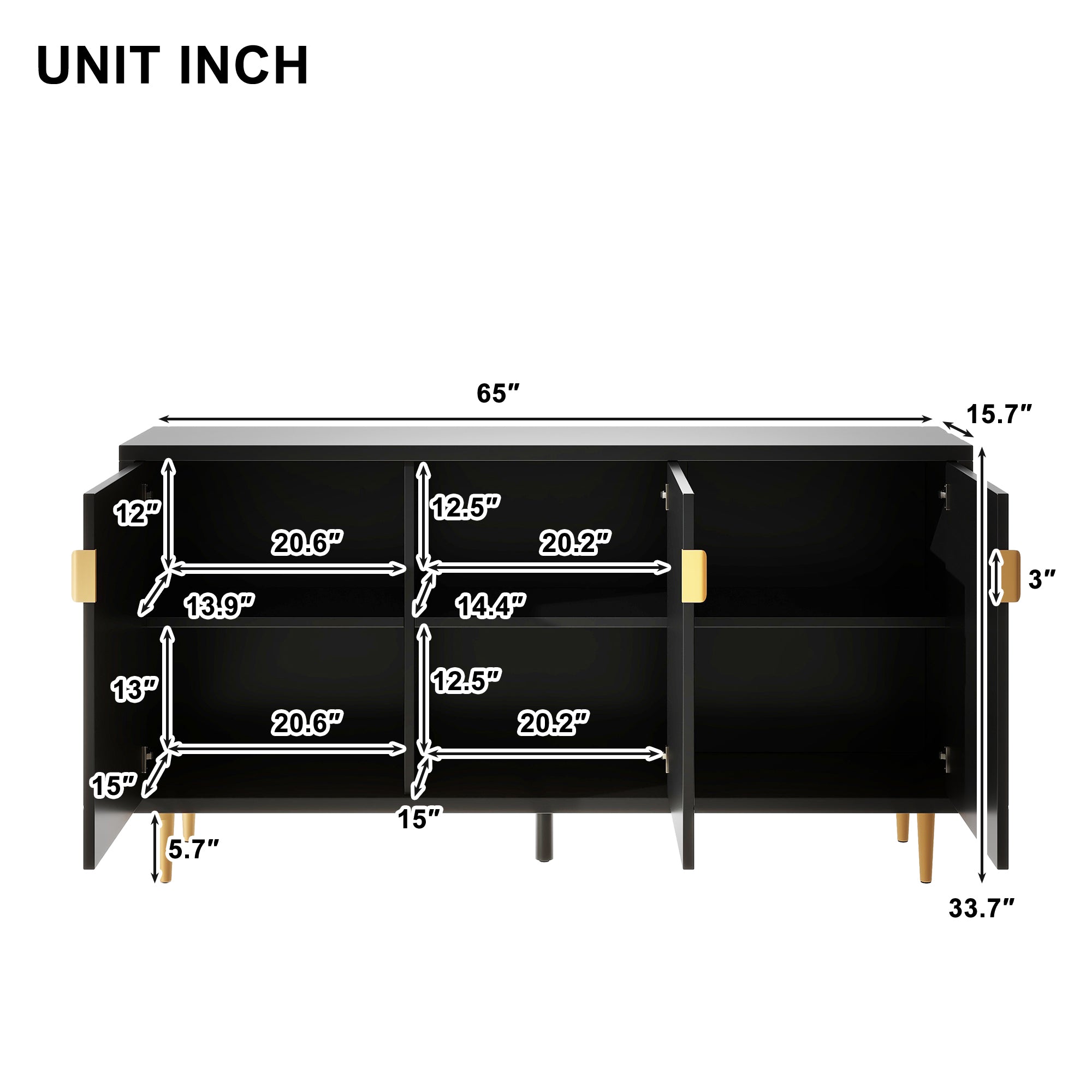 Royard Oaktree 65" Storage Cabinet with 3 Doors and Adjustable Shelves Modern Sideboard Buffet Cabinet with Golden Metal Legs Accent Console Kitchen Bar Cabinet for Hallway Living Room