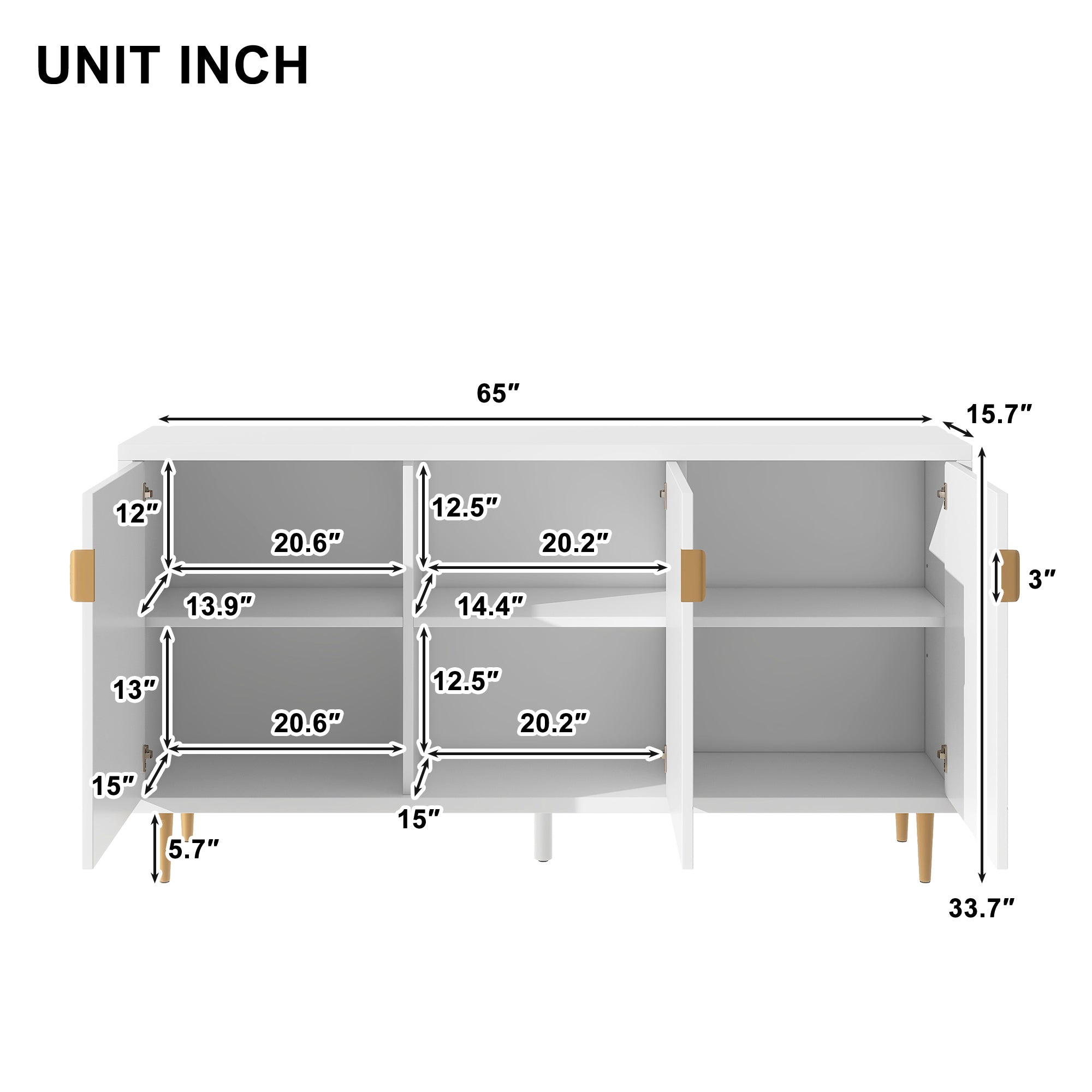 Royard Oaktree 65" Storage Cabinet with 3 Doors and Adjustable Shelves Modern Sideboard Buffet Cabinet with Golden Metal Legs Accent Console Kitchen Bar Cabinet for Hallway Living Room