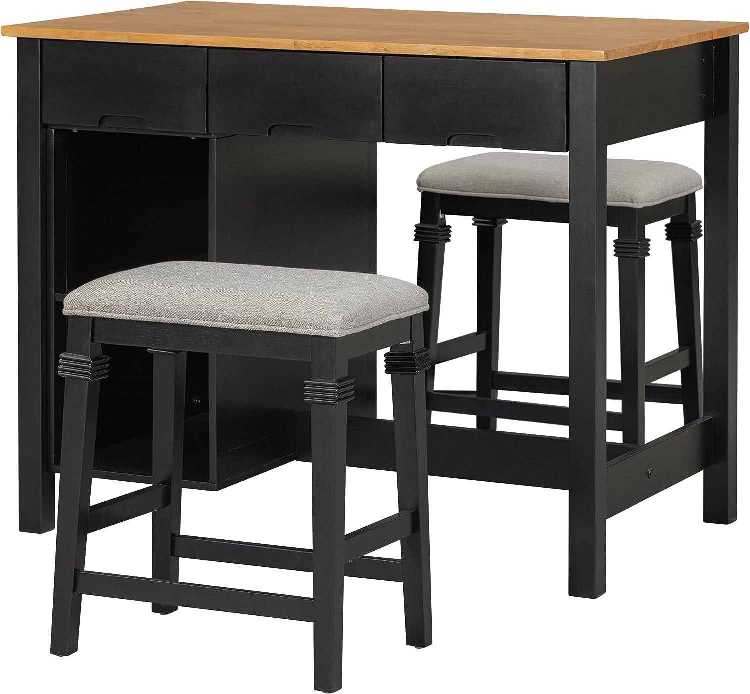 Royard Oaktree Kitchen Island Set Farmhouse 3-Piece 45 Stationary Kitchen Island with 2 Seatings, Butcher Block Dining Table Set Bar Table Set for Kitchen Dining Room