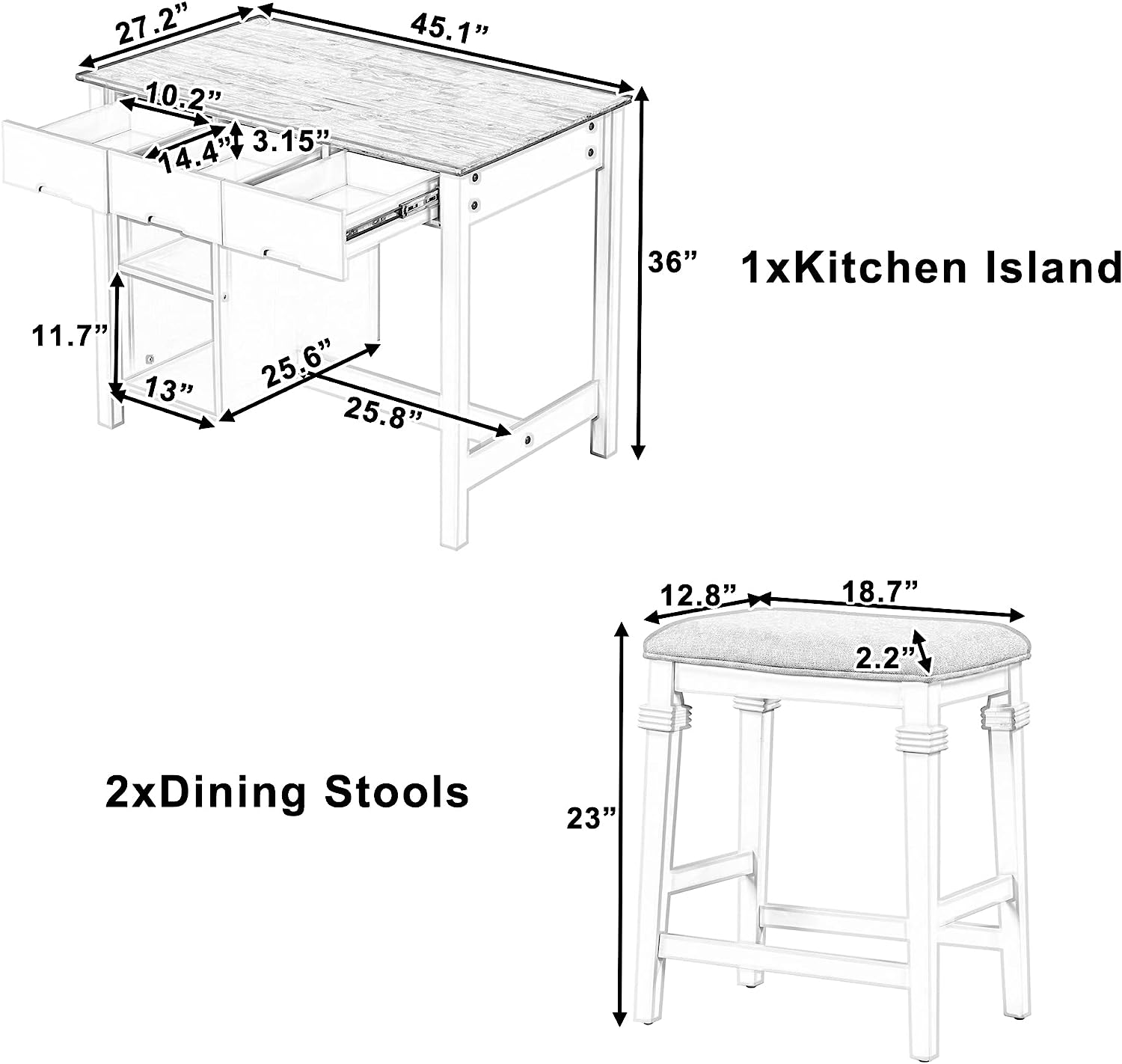 Royard Oaktree Kitchen Island Set Farmhouse 3-Piece 45 Stationary Kitchen Island with 2 Seatings, Butcher Block Dining Table Set Bar Table Set for Kitchen Dining Room