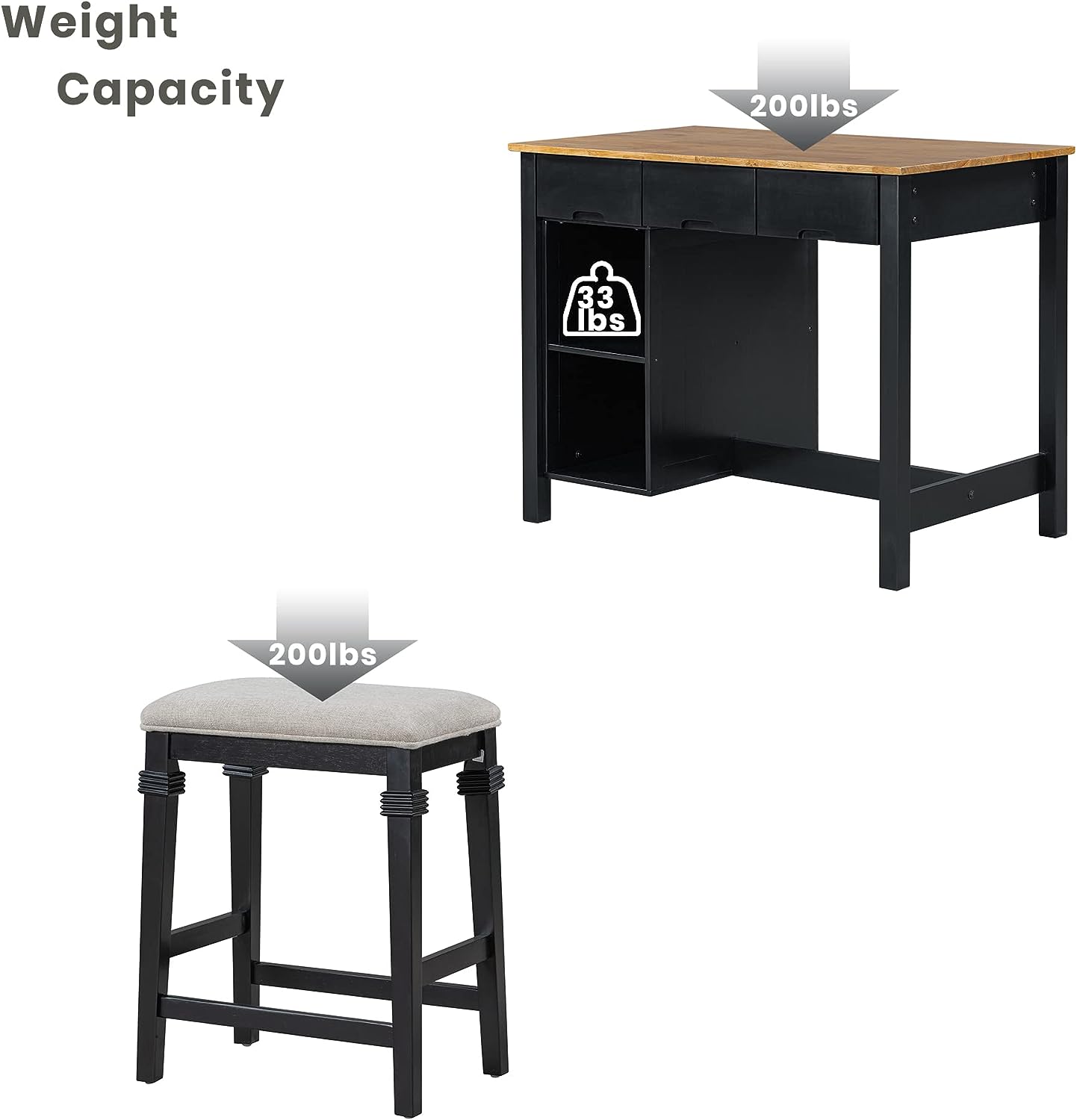 Royard Oaktree Kitchen Island Set Farmhouse 3-Piece 45 Stationary Kitchen Island with 2 Seatings, Butcher Block Dining Table Set Bar Table Set for Kitchen Dining Room