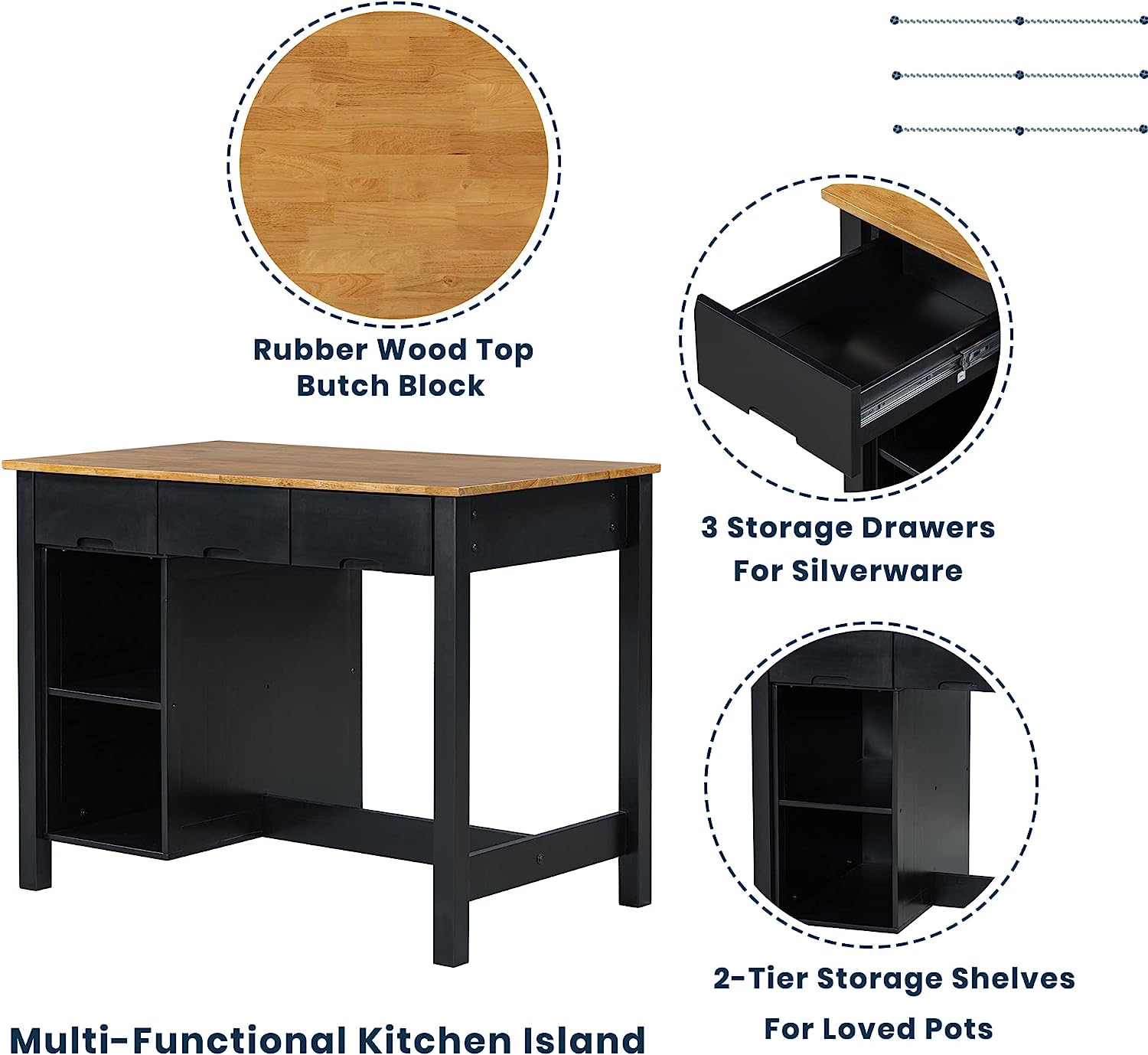 Royard Oaktree Kitchen Island Set Farmhouse 3-Piece 45 Stationary Kitchen Island with 2 Seatings, Butcher Block Dining Table Set Bar Table Set for Kitchen Dining Room