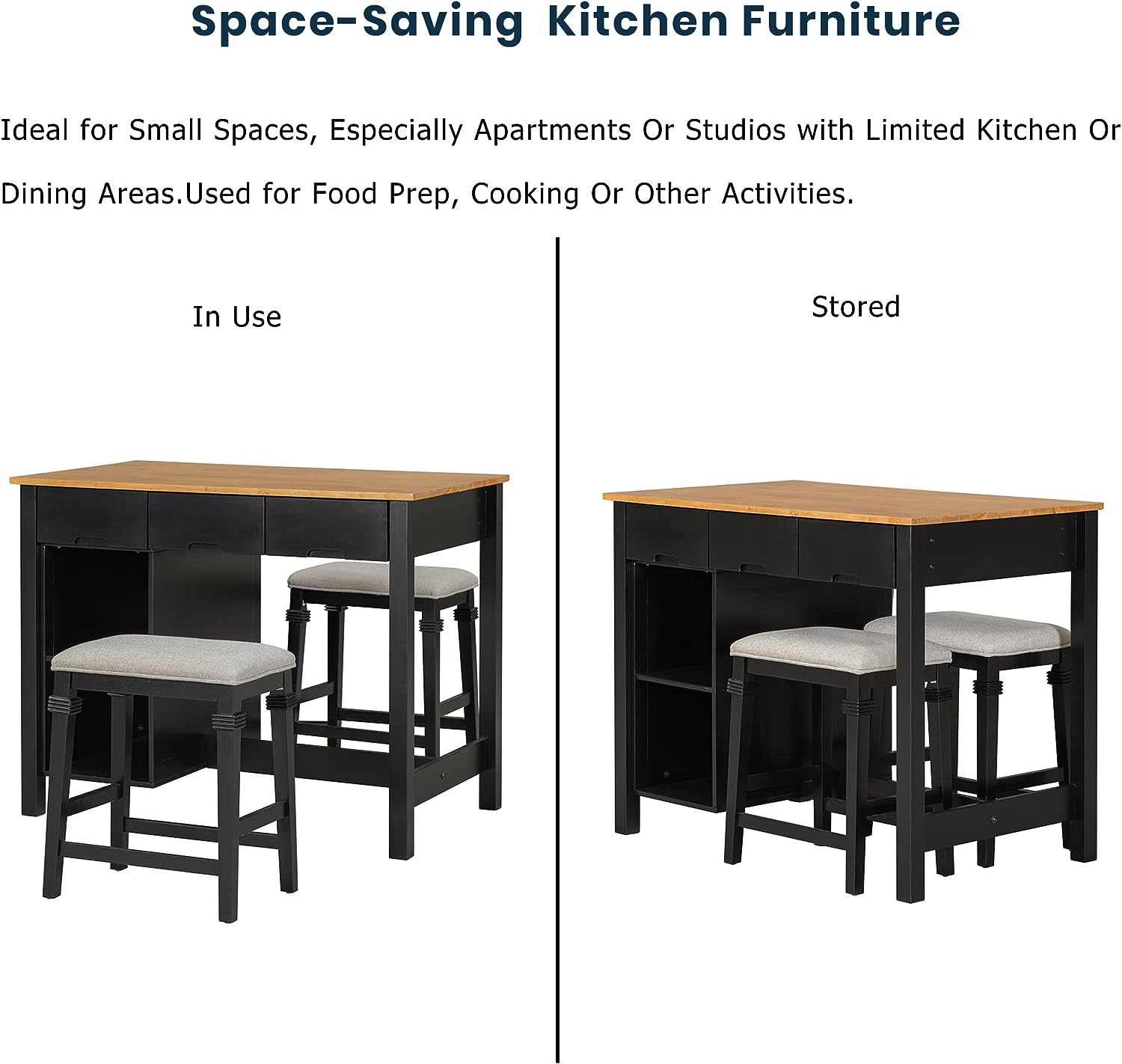 Royard Oaktree Kitchen Island Set Farmhouse 3-Piece 45 Stationary Kitchen Island with 2 Seatings, Butcher Block Dining Table Set Bar Table Set for Kitchen Dining Room