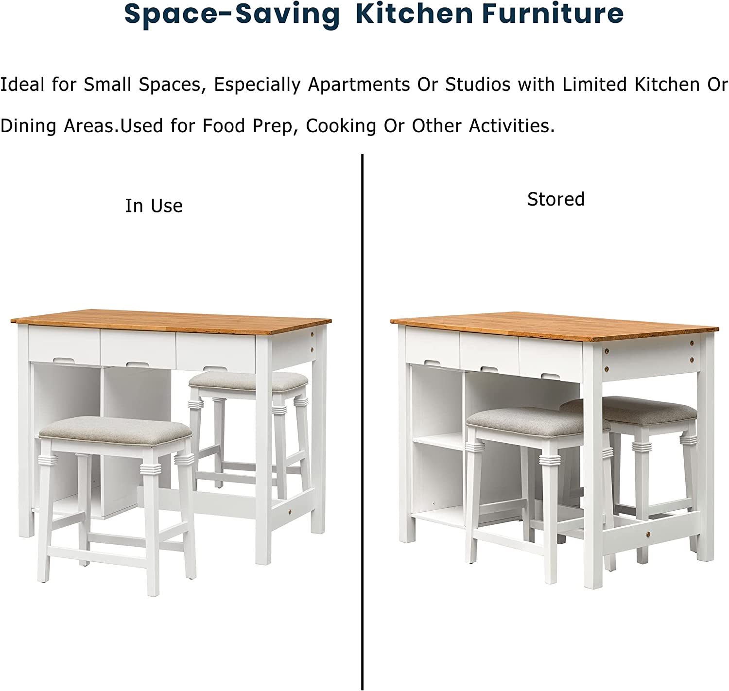 Royard Oaktree Kitchen Island Set Farmhouse 3-Piece 45 Stationary Kitchen Island with 2 Seatings, Butcher Block Dining Table Set Bar Table Set for Kitchen Dining Room