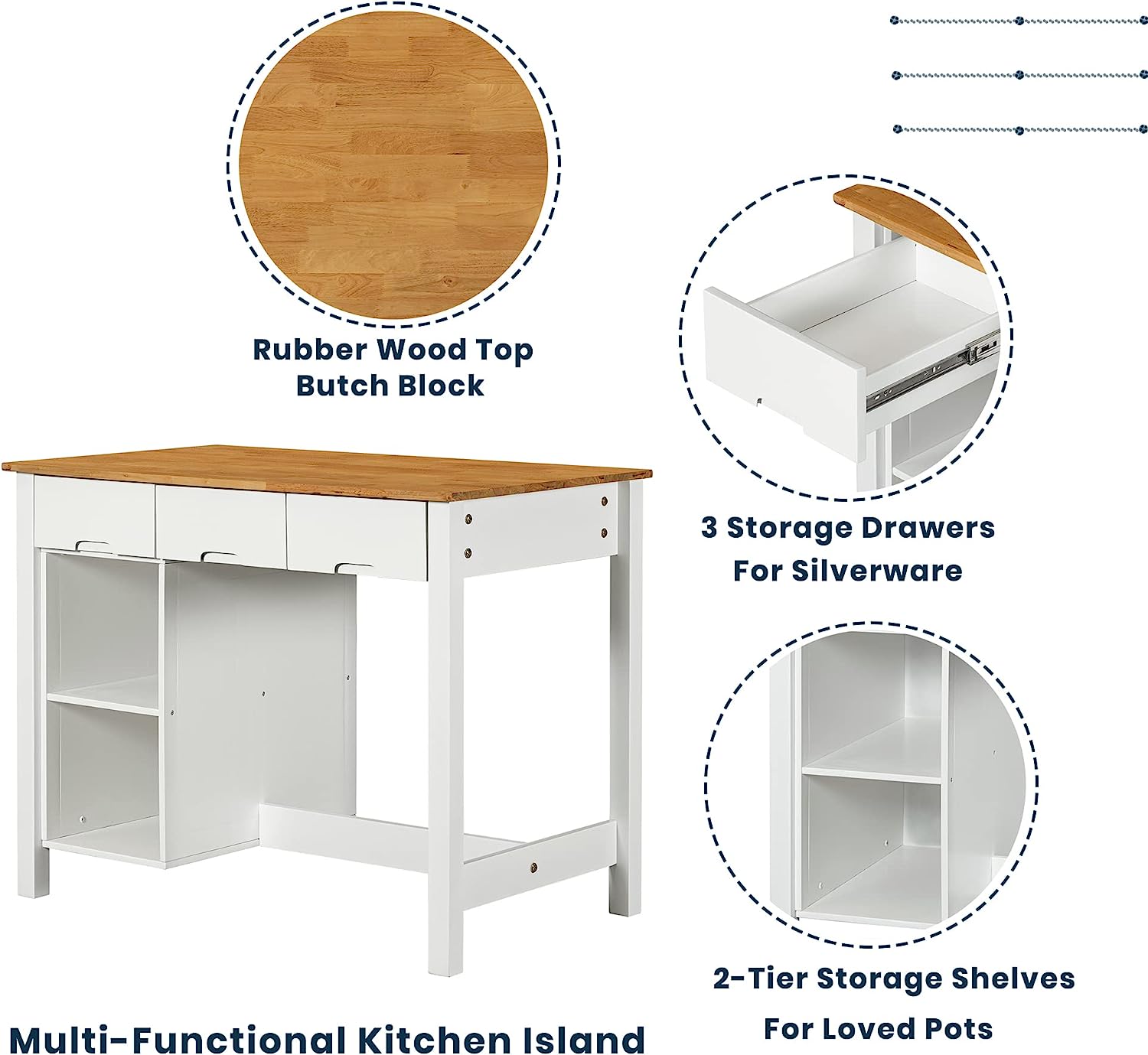 Royard Oaktree Kitchen Island Set Farmhouse 3-Piece 45 Stationary Kitchen Island with 2 Seatings, Butcher Block Dining Table Set Bar Table Set for Kitchen Dining Room