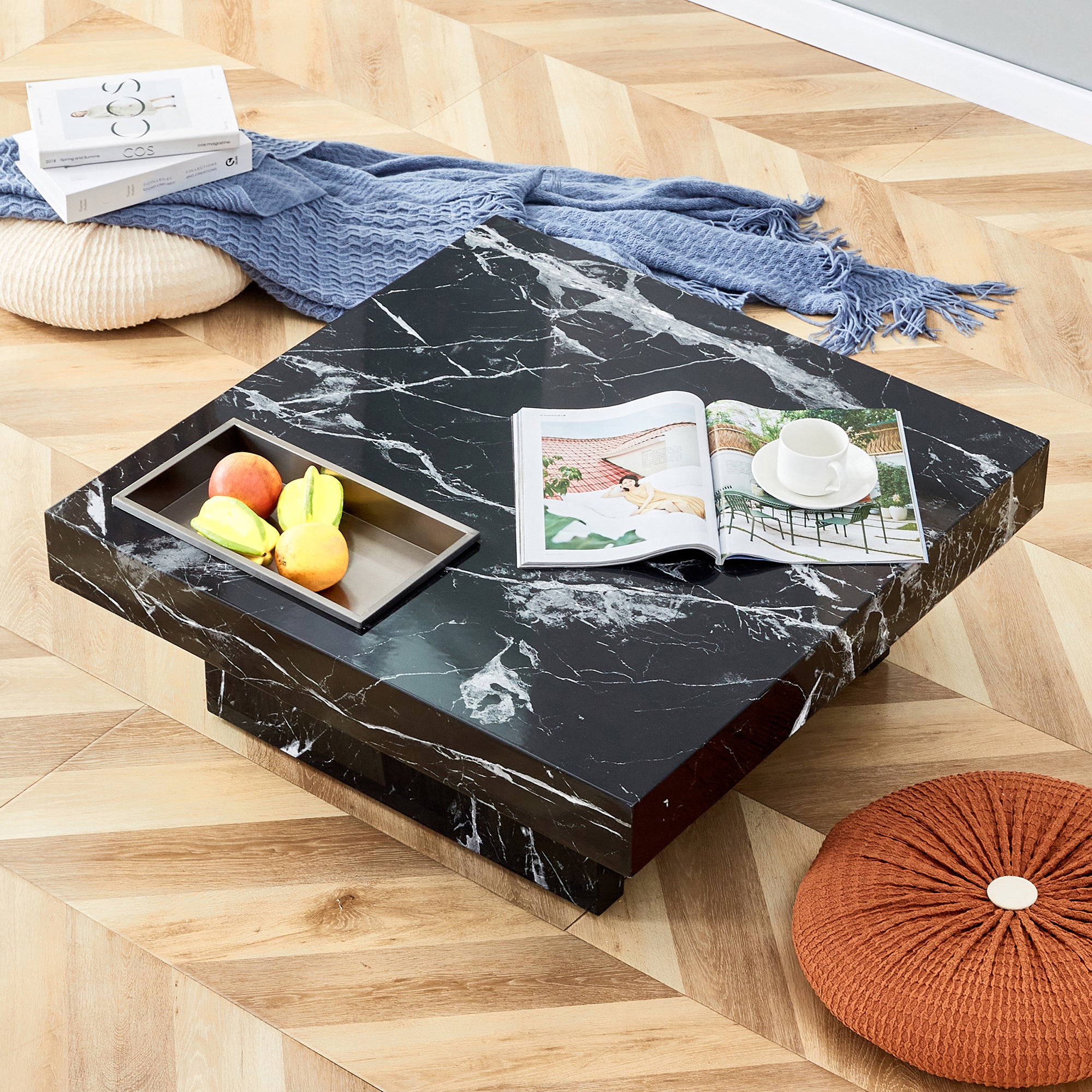 Royard Oaktree Faux Marble Coffee Table, Square Center Table with Metal Storage Tray, Wood Accent Table with Marble Pattern Sticker, Modern Cocktail Table for Living Room Reception Room