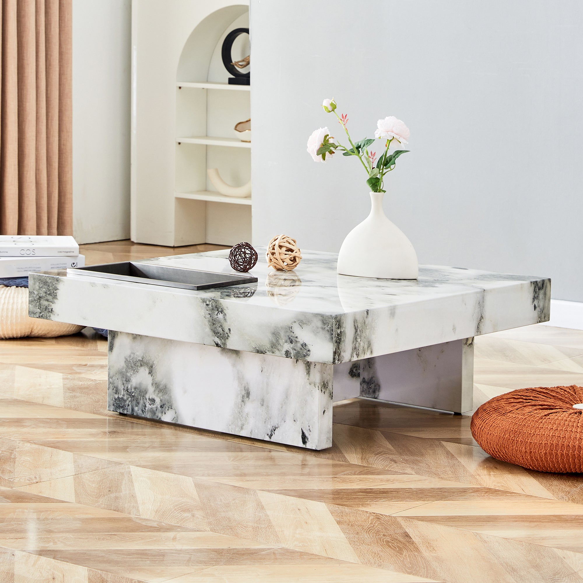 Royard Oaktree Faux Marble Coffee Table, Square Center Table with Metal Storage Tray, Wood Accent Table with Marble Pattern Sticker, Modern Cocktail Table for Living Room Reception Room