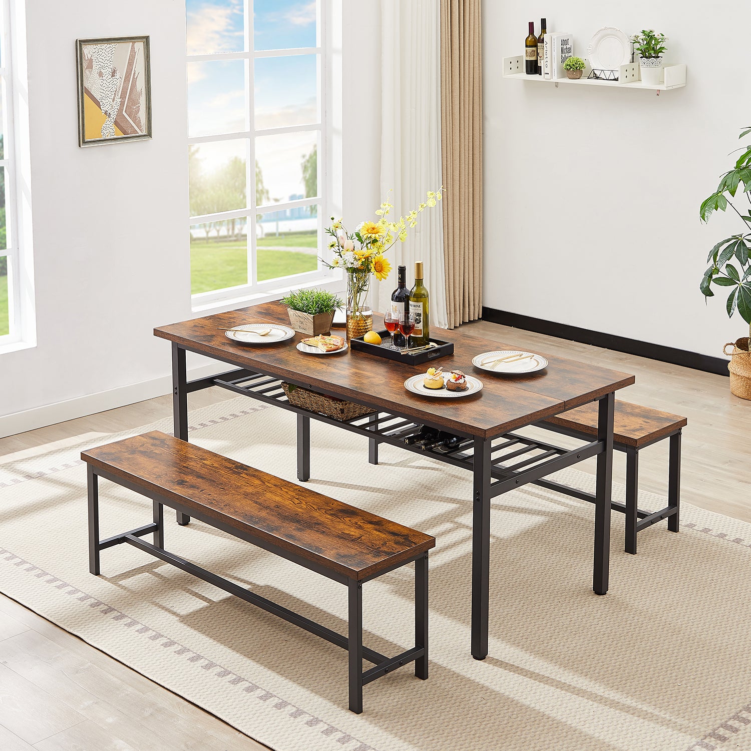 Royard Oaktree Oversized Dining Table Set for 6, 3-Piece Kitchen Table Set with 2 Long Benches, Wooden Dining Table and Benches with Metal Frame and Shelf for Home Kitchen, Restaurant