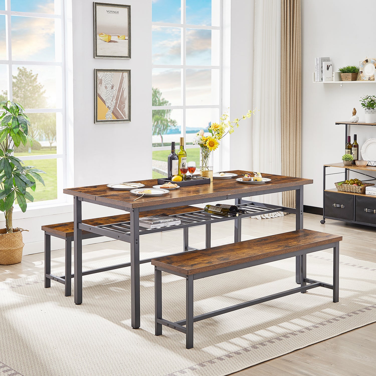 Royard Oaktree Oversized Dining Table Set for 6, 3-Piece Kitchen Table Set with 2 Long Benches, Wooden Dining Table and Benches with Metal Frame and Shelf for Home Kitchen, Restaurant