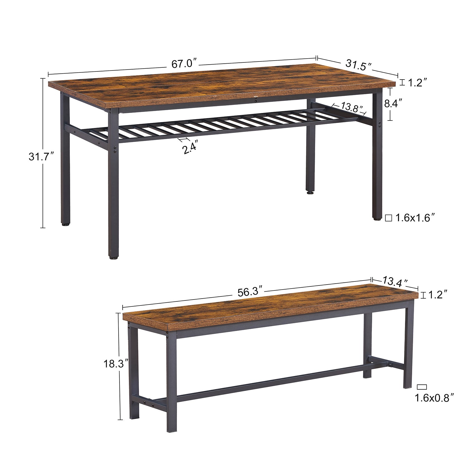 Royard Oaktree Oversized Dining Table Set for 6, 3-Piece Kitchen Table Set with 2 Long Benches, Wooden Dining Table and Benches with Metal Frame and Shelf for Home Kitchen, Restaurant