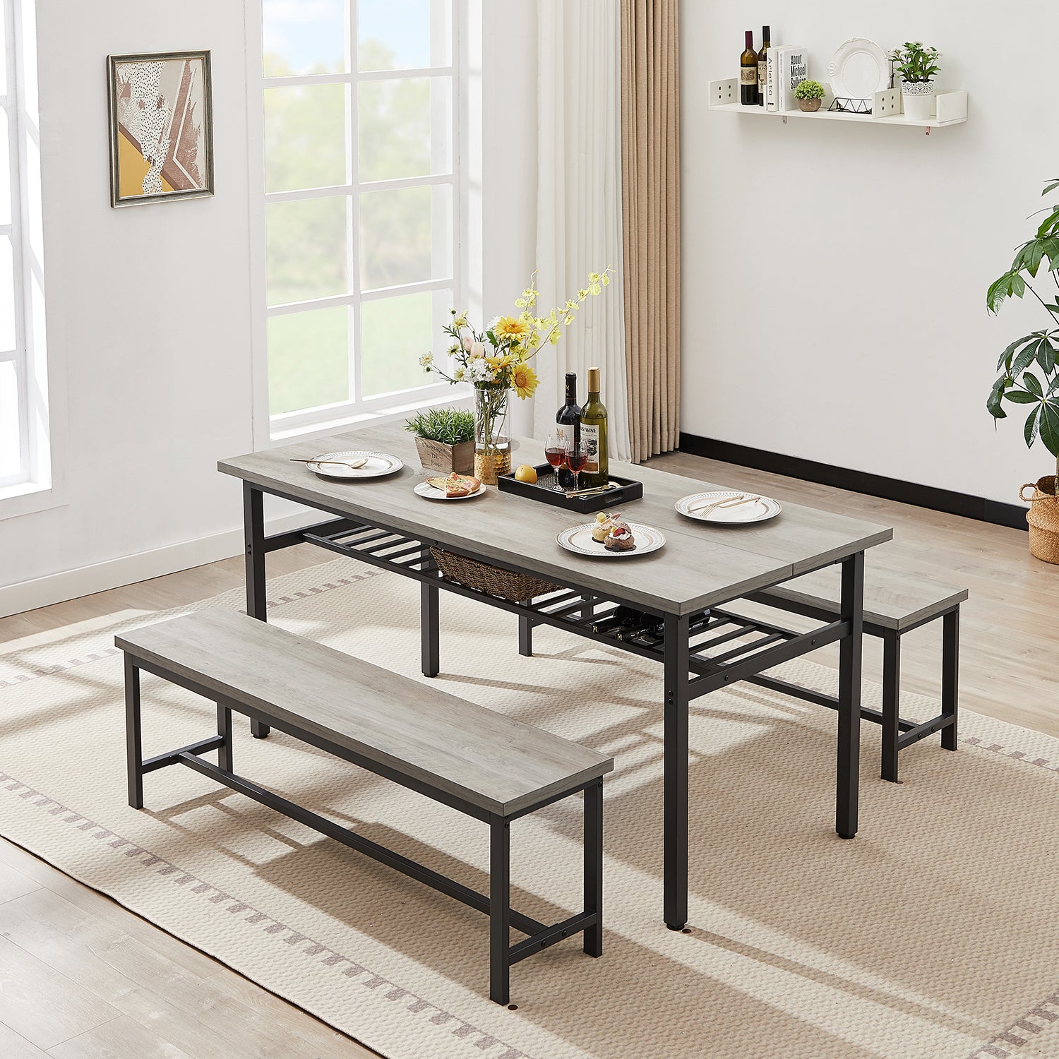 Royard Oaktree Oversized Dining Table Set for 6, 3-Piece Kitchen Table Set with 2 Long Benches, Wooden Dining Table and Benches with Metal Frame and Shelf for Home Kitchen, Restaurant