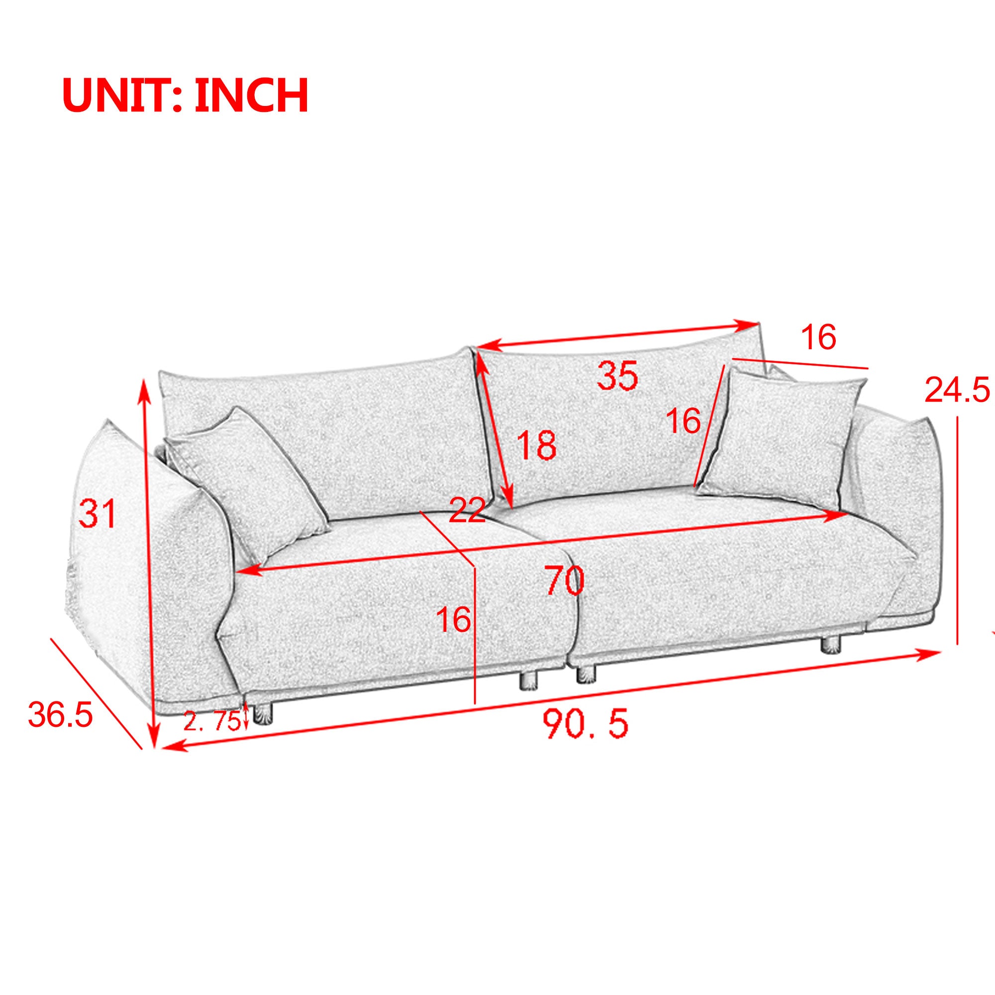 Royard Oaktree Sofa Couch Modern 90 Couch with Solid Wood Frame and Stable Metal Legs Upholstered Loveseat Boucle Sofa with 2 Pillows Comfy Couch for Living Room Apartment