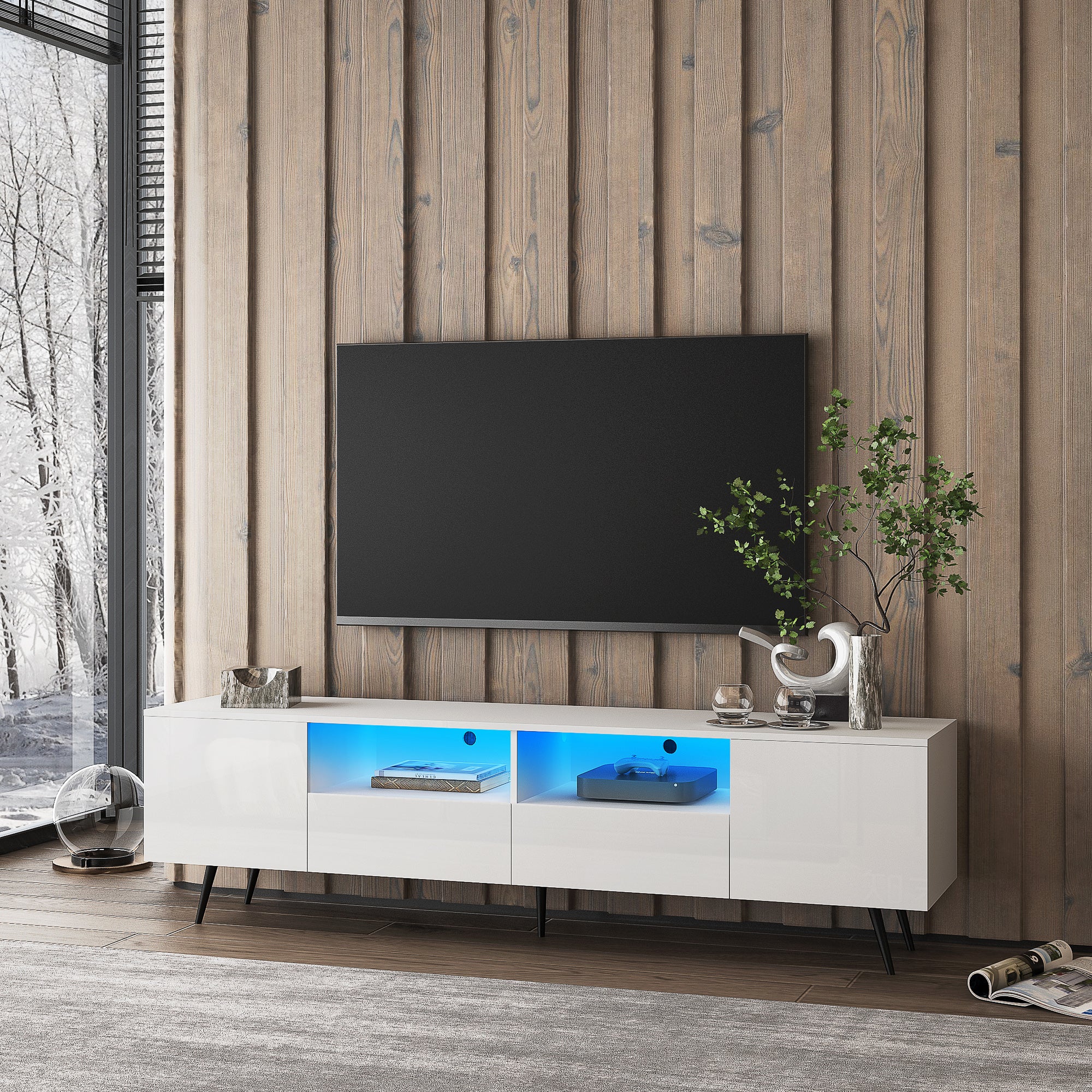 Royard Oaktree TV Stand with LED Lights for TVs Up to 65 White TV Console with Black Metal Legs Wood Entertainment Center with Storage Cabinets, Drawers, and Open Shelves for Living Room Bedroom