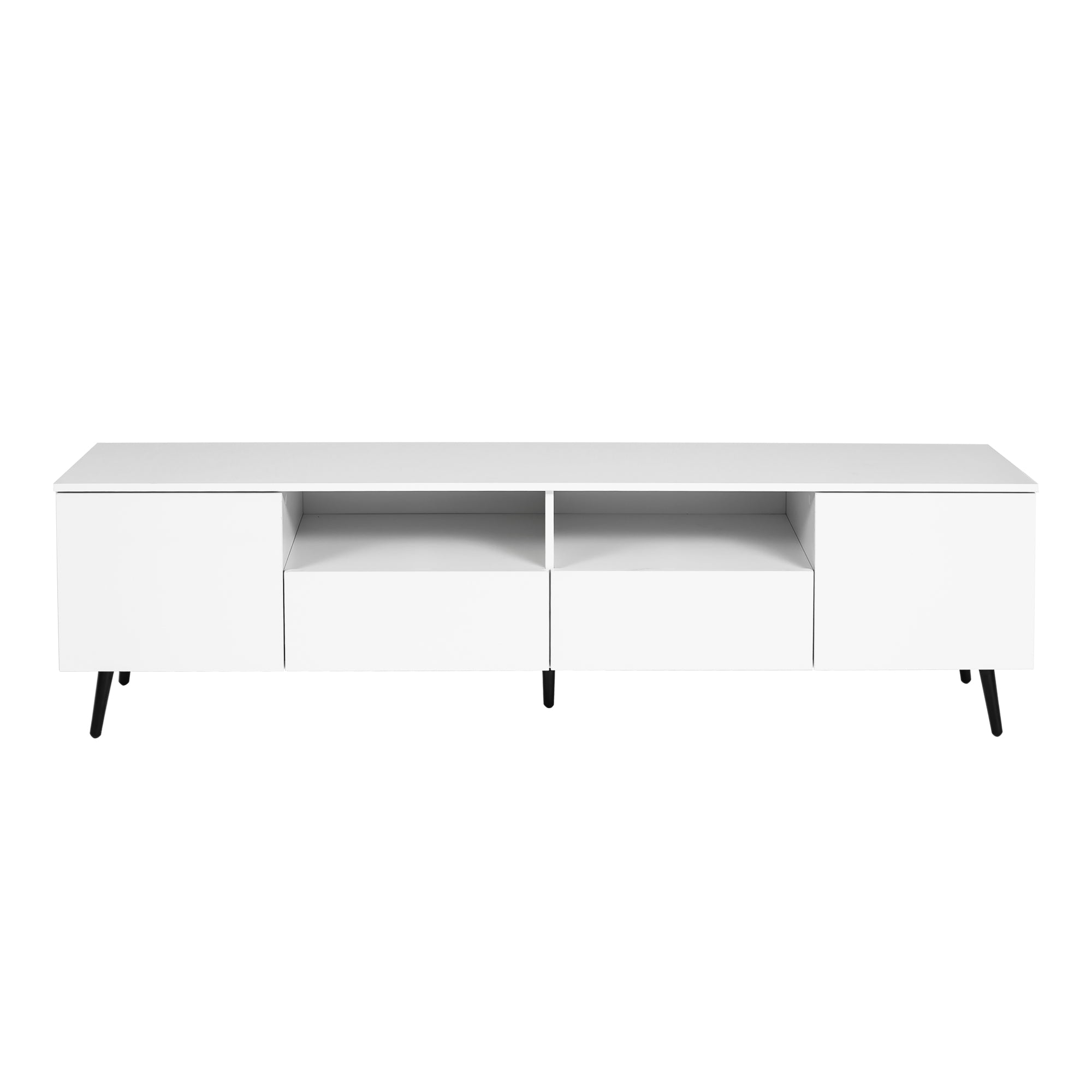 Royard Oaktree TV Stand with LED Lights for TVs Up to 65 White TV Console with Black Metal Legs Wood Entertainment Center with Storage Cabinets, Drawers, and Open Shelves for Living Room Bedroom