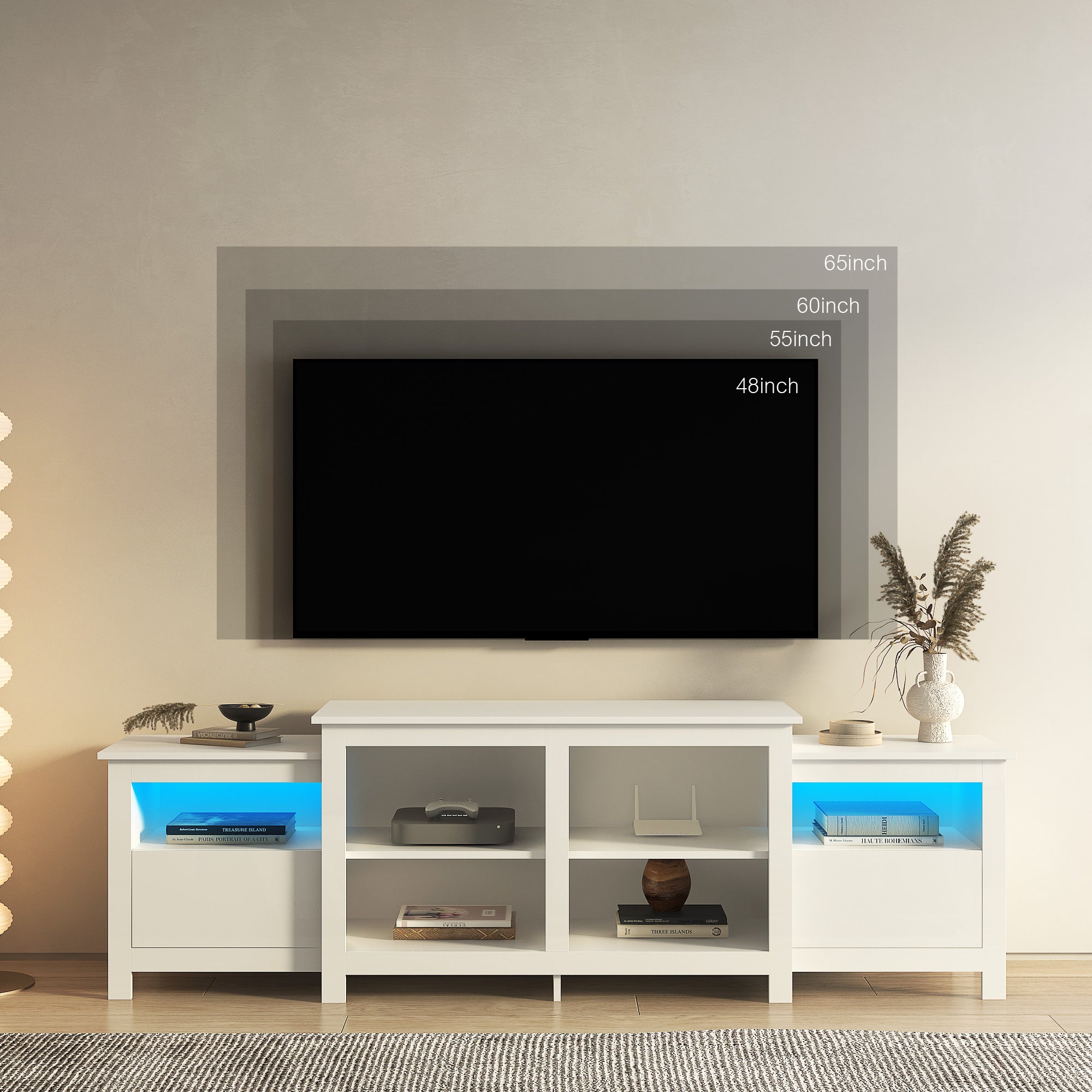 Royard Oaktree TV Stand with LED Lights for TVs Up to 75 Wood Entertainment Center with 2 Drawers and 8 Storage Shelves Modern TV Cabinet Media Console for Living Room Bedroom