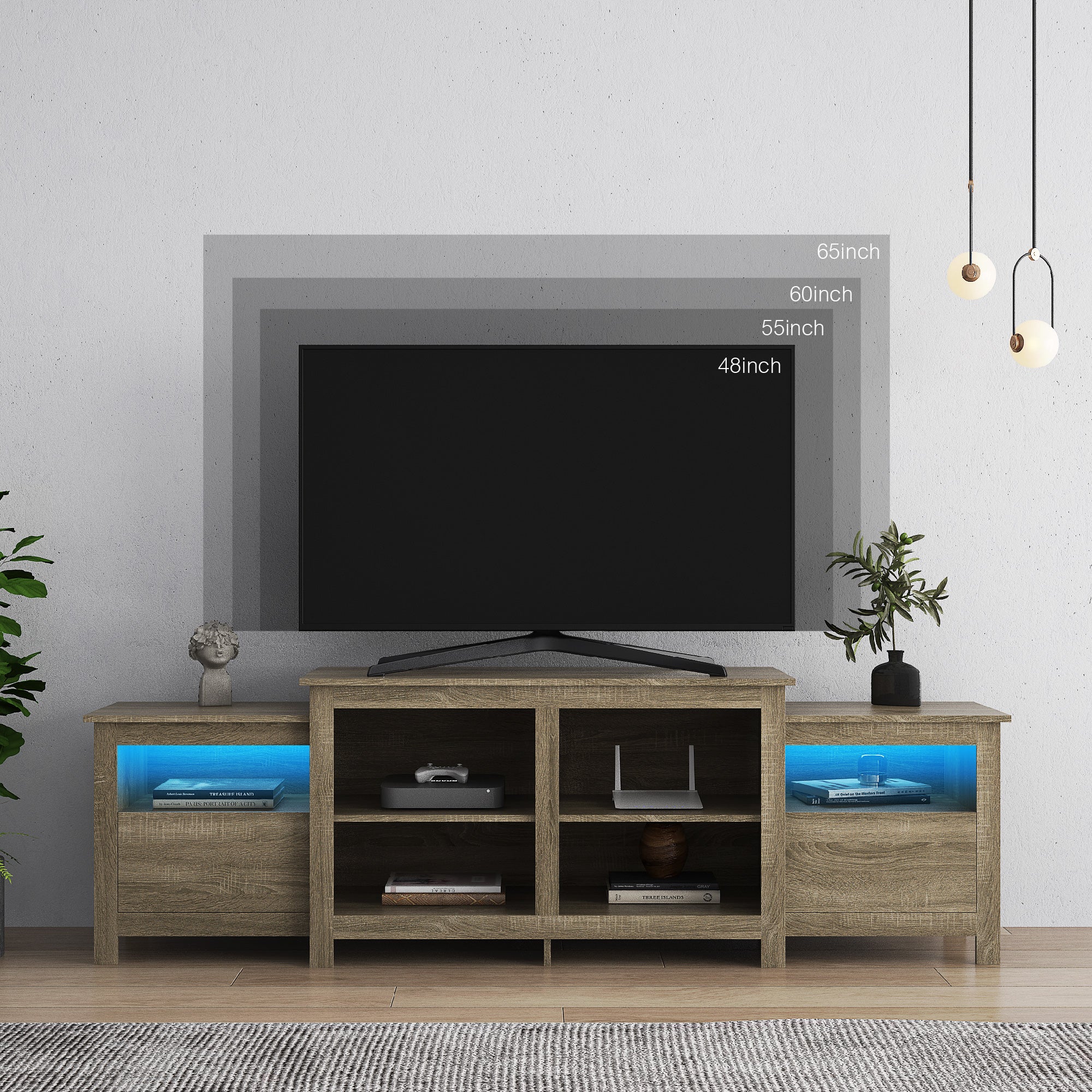 Royard Oaktree TV Stand with LED Lights for TVs Up to 75 Wood Entertainment Center with 2 Drawers and 8 Storage Shelves Modern TV Cabinet Media Console for Living Room Bedroom