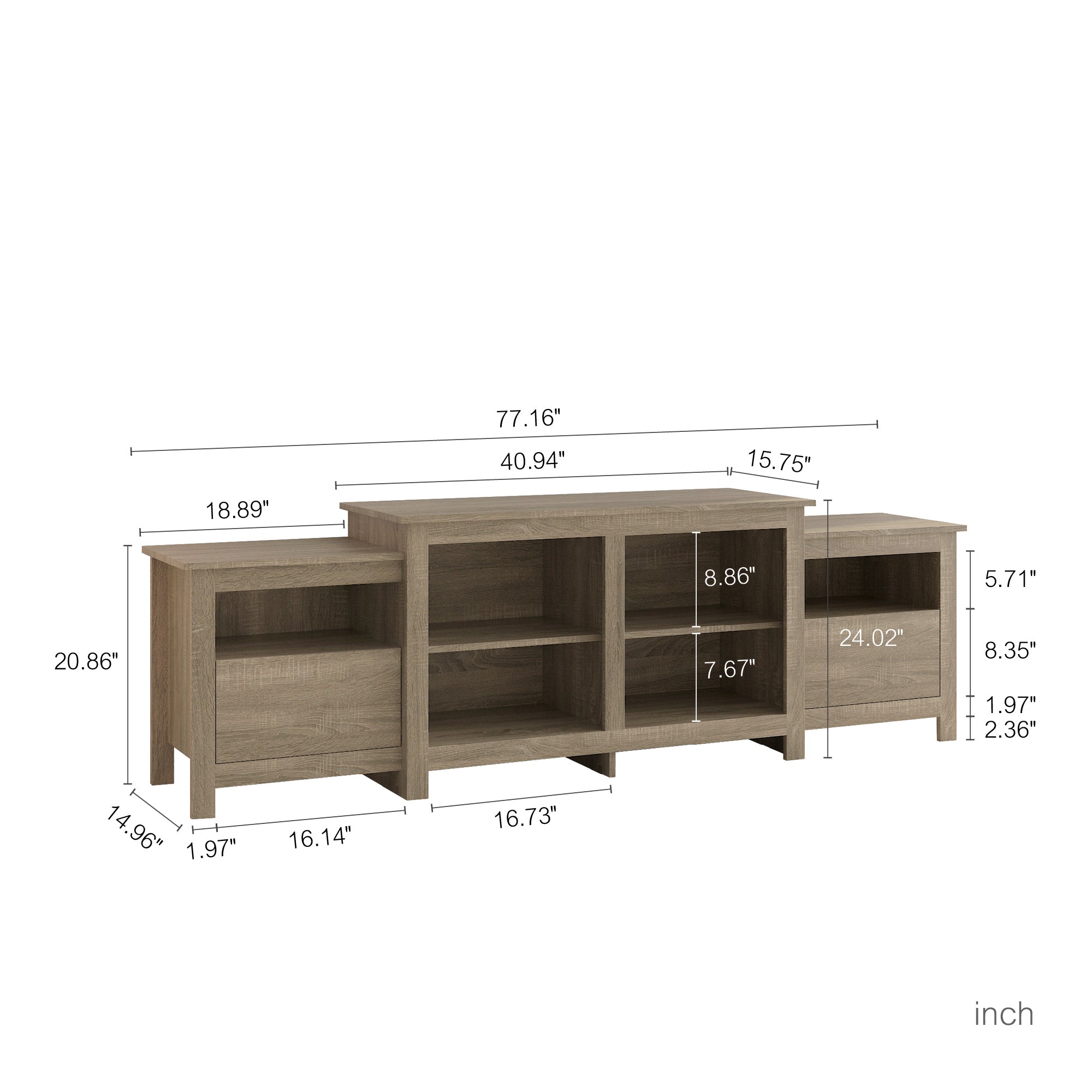 Royard Oaktree TV Stand with LED Lights for TVs Up to 75 Wood Entertainment Center with 2 Drawers and 8 Storage Shelves Modern TV Cabinet Media Console for Living Room Bedroom