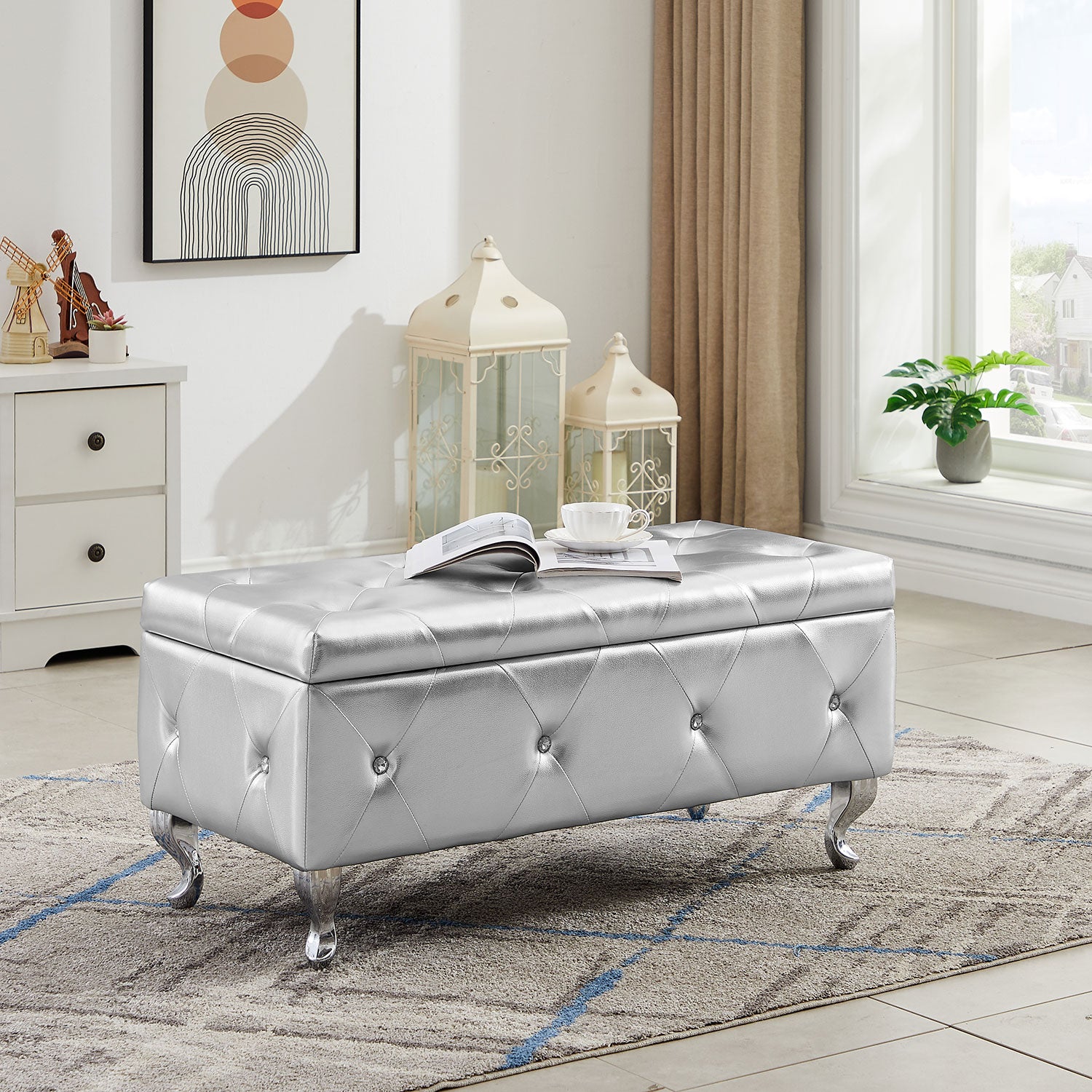 Royard Oaktree Storage Bench Upholstered Ottoman Bench with Hidden Storage Button-Tufted Entryway Bench Seat with Metal Legs Bed End Stool for Bedroom, Living Room, Hallway