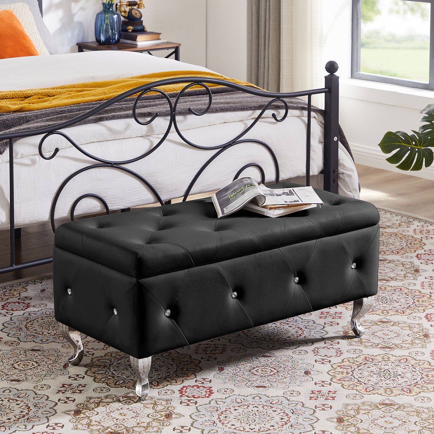 Royard Oaktree Storage Bench Upholstered Ottoman Bench with Hidden Storage Button-Tufted Entryway Bench Seat with Metal Legs Bed End Stool for Bedroom, Living Room, Hallway