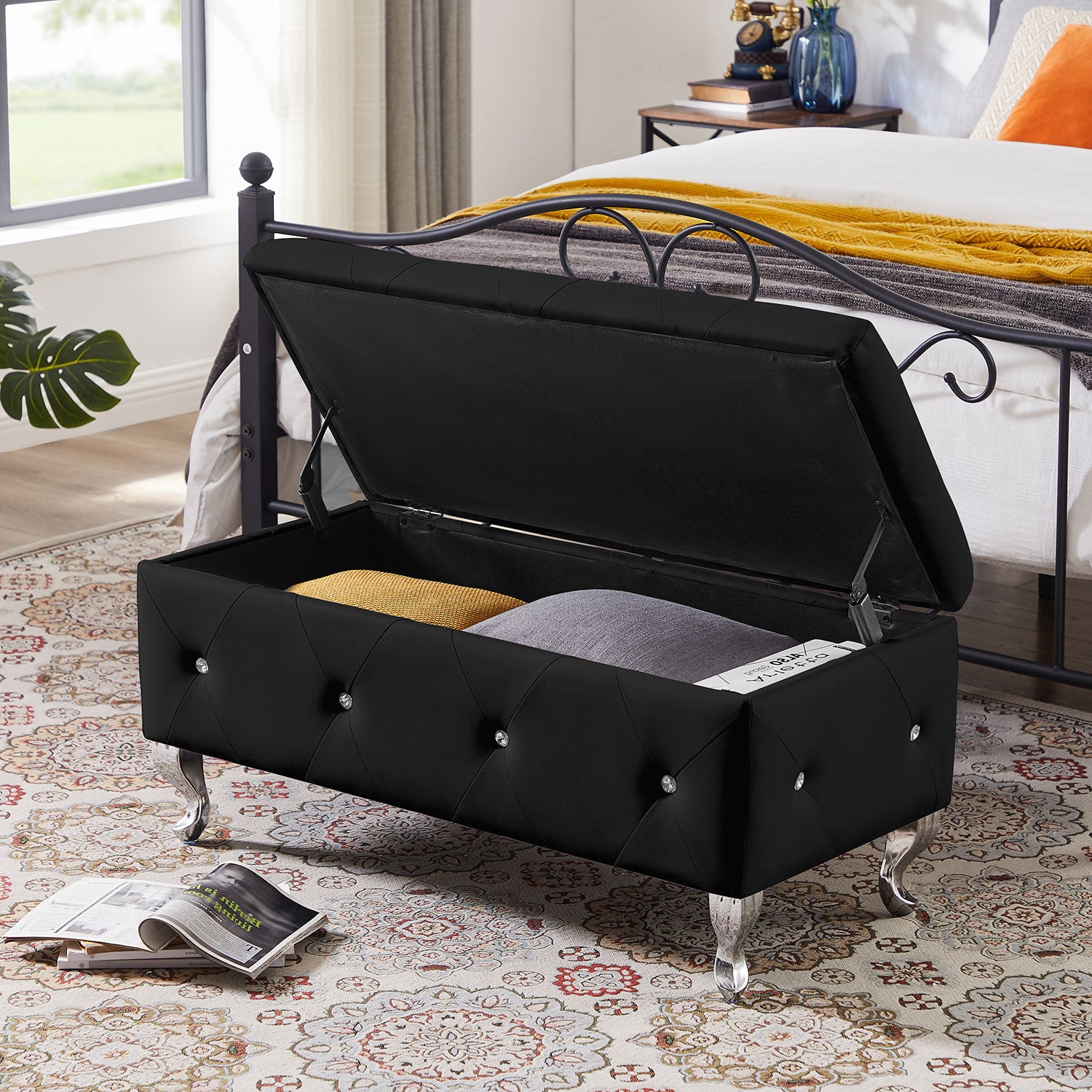 Royard Oaktree Storage Bench Upholstered Ottoman Bench with Hidden Storage Button-Tufted Entryway Bench Seat with Metal Legs Bed End Stool for Bedroom, Living Room, Hallway