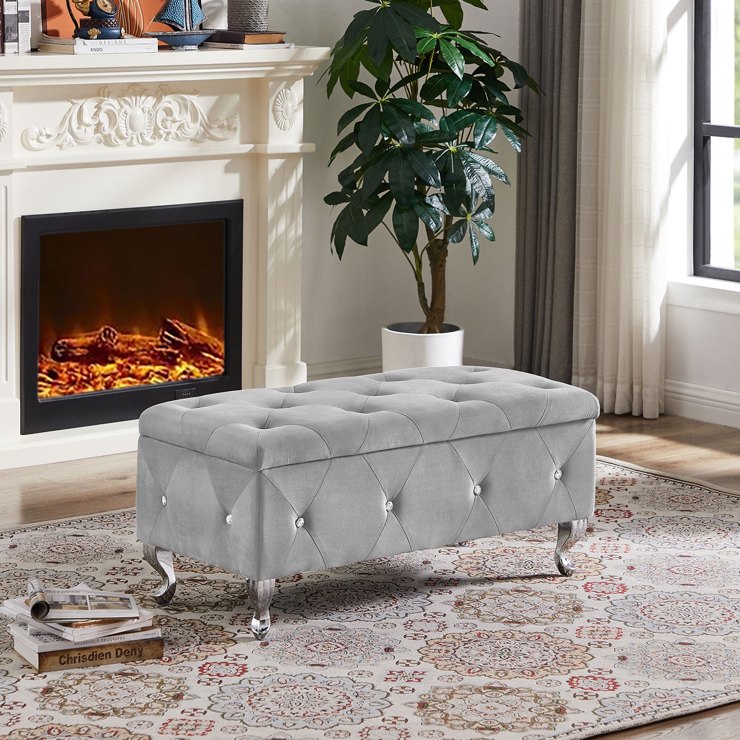 Royard Oaktree Storage Bench Upholstered Ottoman Bench with Hidden Storage Button-Tufted Entryway Bench Seat with Metal Legs Bed End Stool for Bedroom, Living Room, Hallway