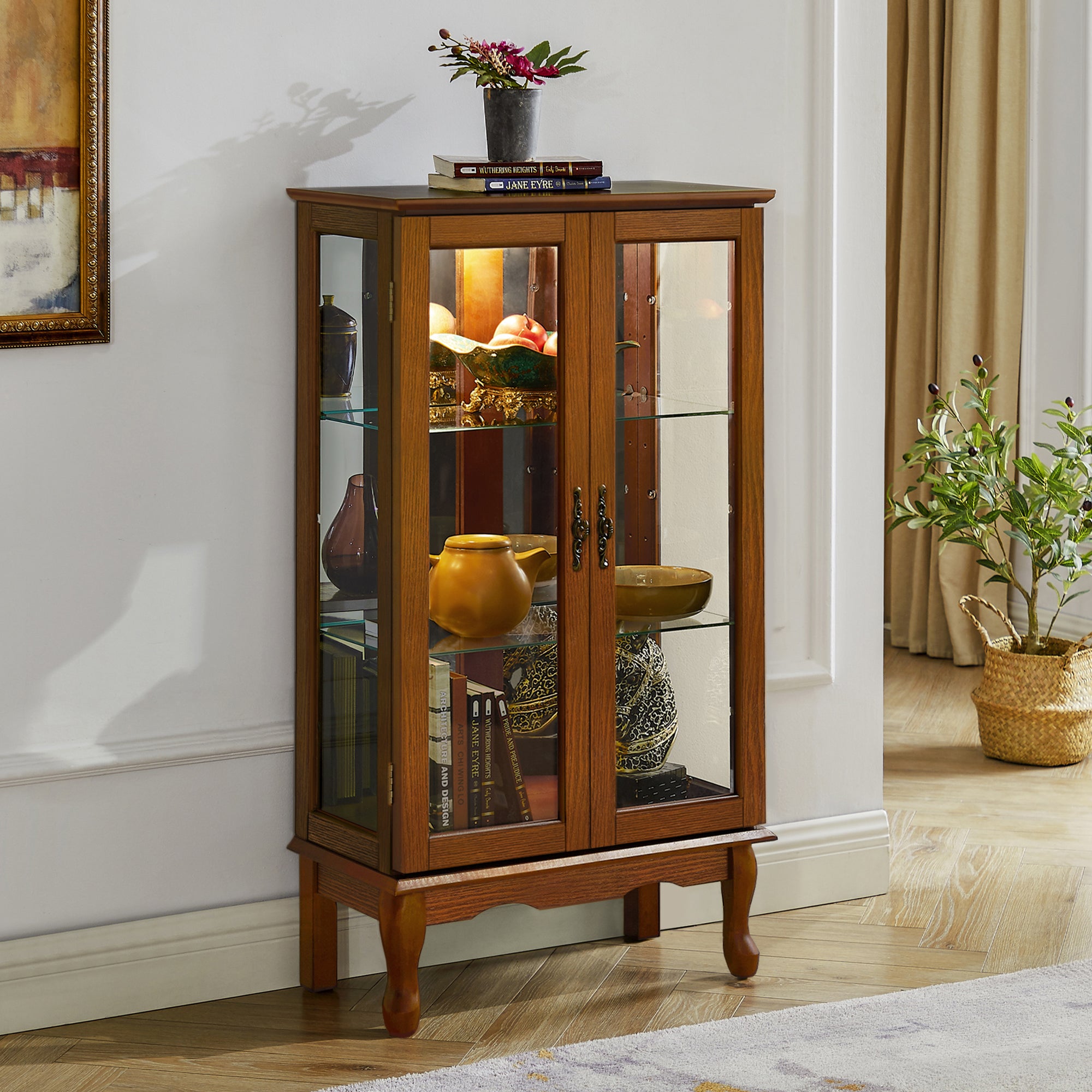 Royard Oaktree Storage Cabinet Curio Display Cabinet with Adjustable Glass Shelves, Mirrored Back Panel & Tempered Glass Doors Vintage Lighted Accent Cabinet 3-Tier Book Case for Home Office