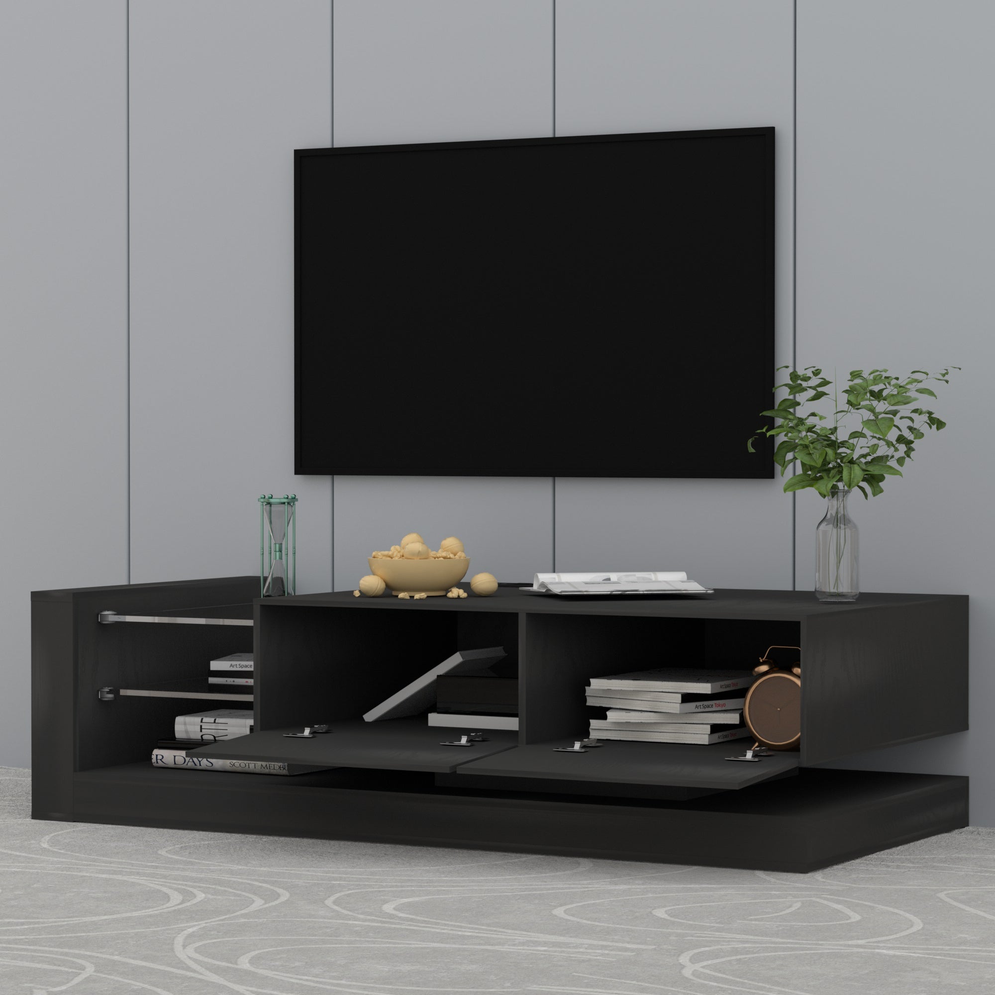 Royard Oaktree TV Stand for TVs Up to 75 Modern TV Stand with LED Lights & Charge Station High Gloss Wood Entertainment Center with 2 Storage Cabinets and Glass Shelves for Living Room Bedroom