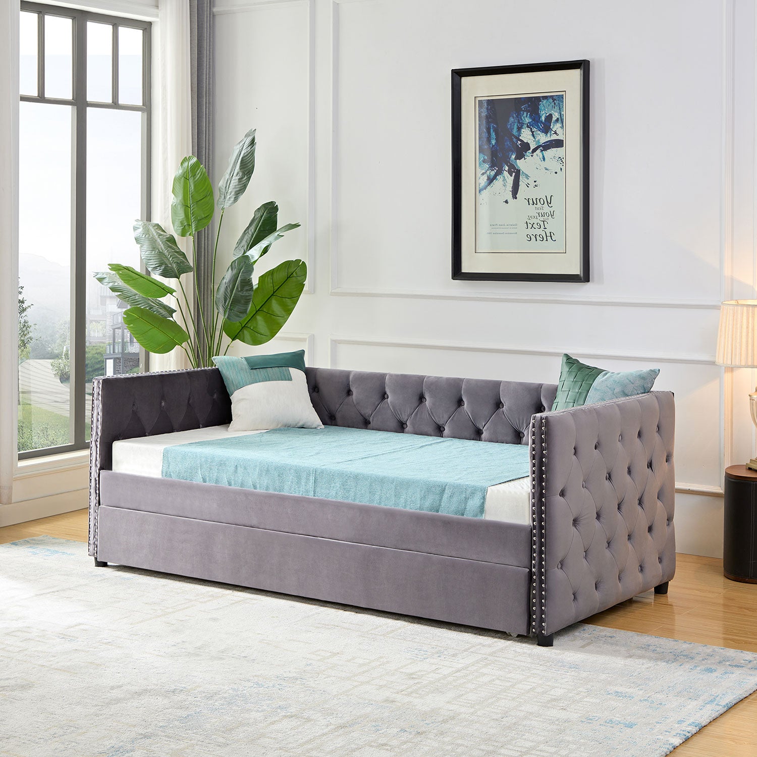 Royard Oaktree Daybed with Trundle Velvet Upholstered Twin Size Day Bed Button-Tufted Sofa Daybed Frame with Trundle, No Box Spring Needed, Furniture for Bedroom Living Room Guest Room