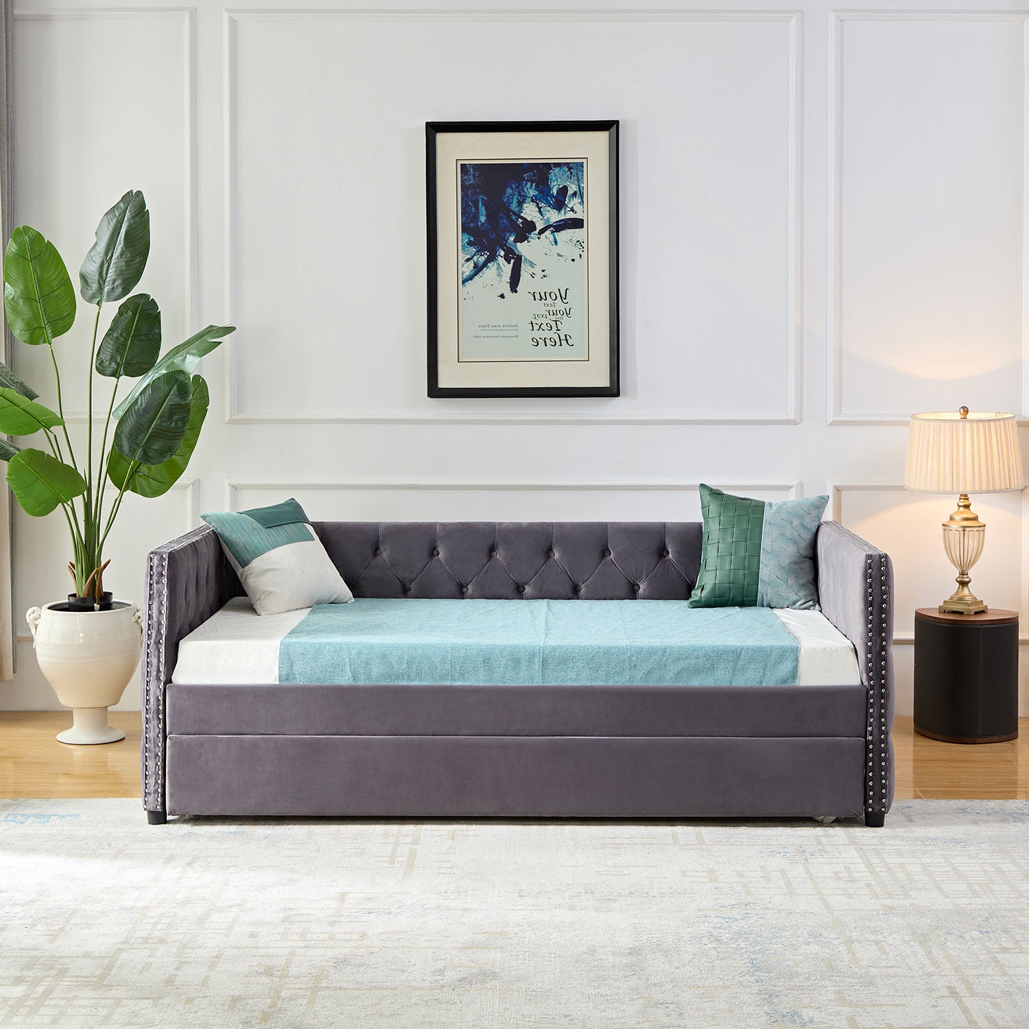 Royard Oaktree Daybed with Trundle Velvet Upholstered Twin Size Day Bed Button-Tufted Sofa Daybed Frame with Trundle, No Box Spring Needed, Furniture for Bedroom Living Room Guest Room