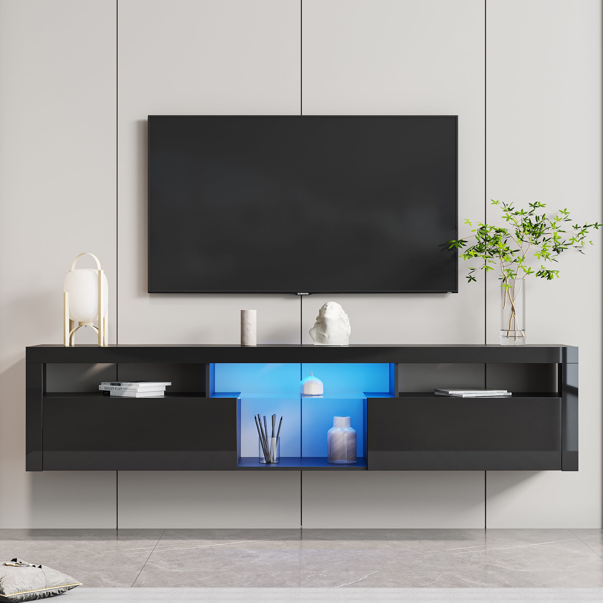 Royard Oaktree Floating TV Stand with LED Light Wall Mounted TV Stand for TVs Up to 75 Modern Entertainment Center with 2 Storage Cabinet & Open Shelves Wood Media Console for Living Room