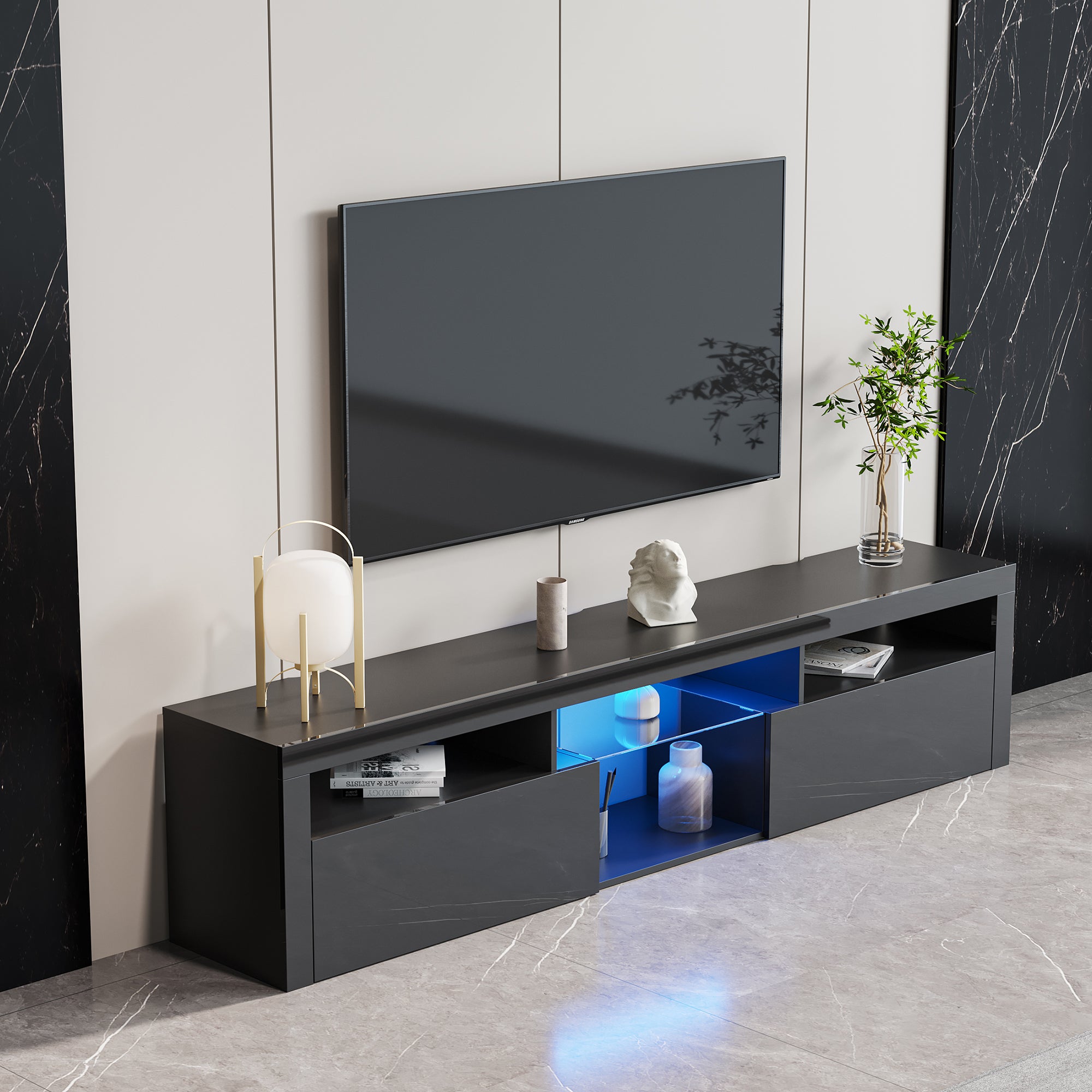 Royard Oaktree Floating TV Stand with LED Light Wall Mounted TV Stand for TVs Up to 75 Modern Entertainment Center with 2 Storage Cabinet & Open Shelves Wood Media Console for Living Room