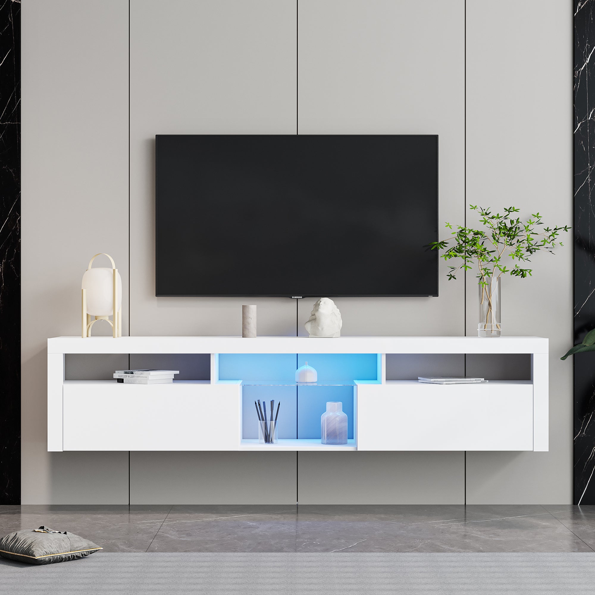 Royard Oaktree Floating TV Stand with LED Light Wall Mounted TV Stand for TVs Up to 75 Modern Entertainment Center with 2 Storage Cabinet & Open Shelves Wood Media Console for Living Room