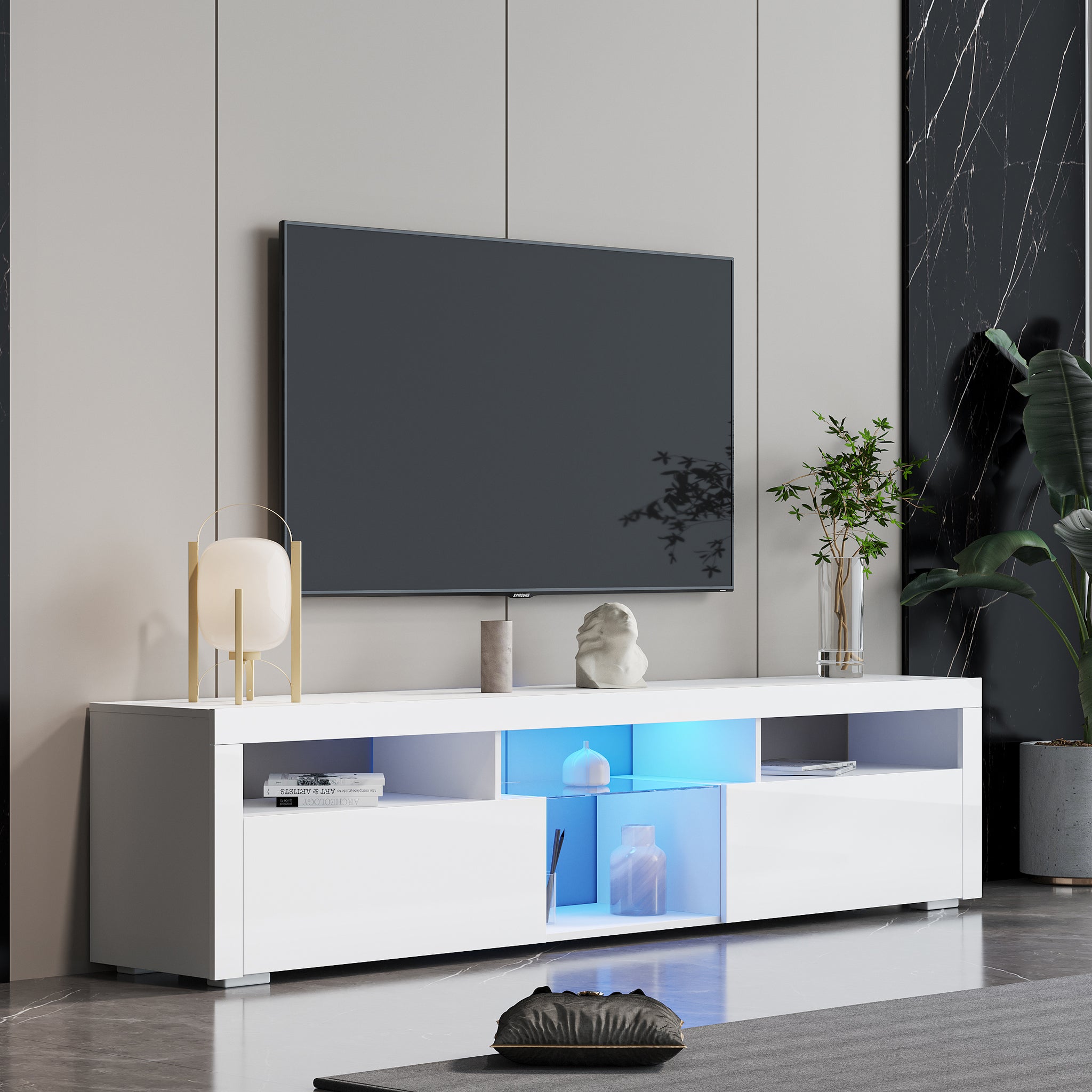 Royard Oaktree Floating TV Stand with LED Light Wall Mounted TV Stand for TVs Up to 75 Modern Entertainment Center with 2 Storage Cabinet & Open Shelves Wood Media Console for Living Room