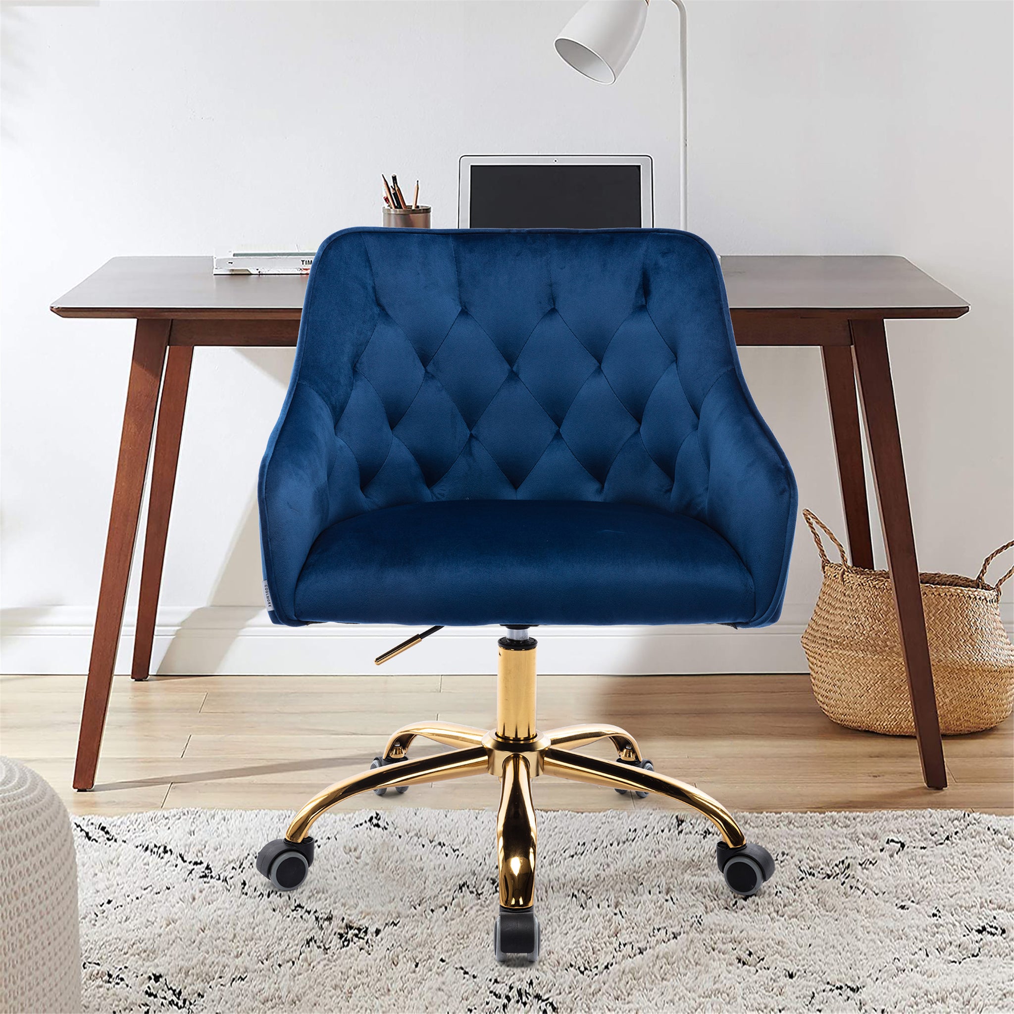 Royard Oaktree Velvet Office Chair Upholstered Swivel Desk Chair 360 Degree Rolling Chair with Gold Metal Base and Wheels Adjustable-Height Leisure Armchair for Living Room/Bedroom/Office