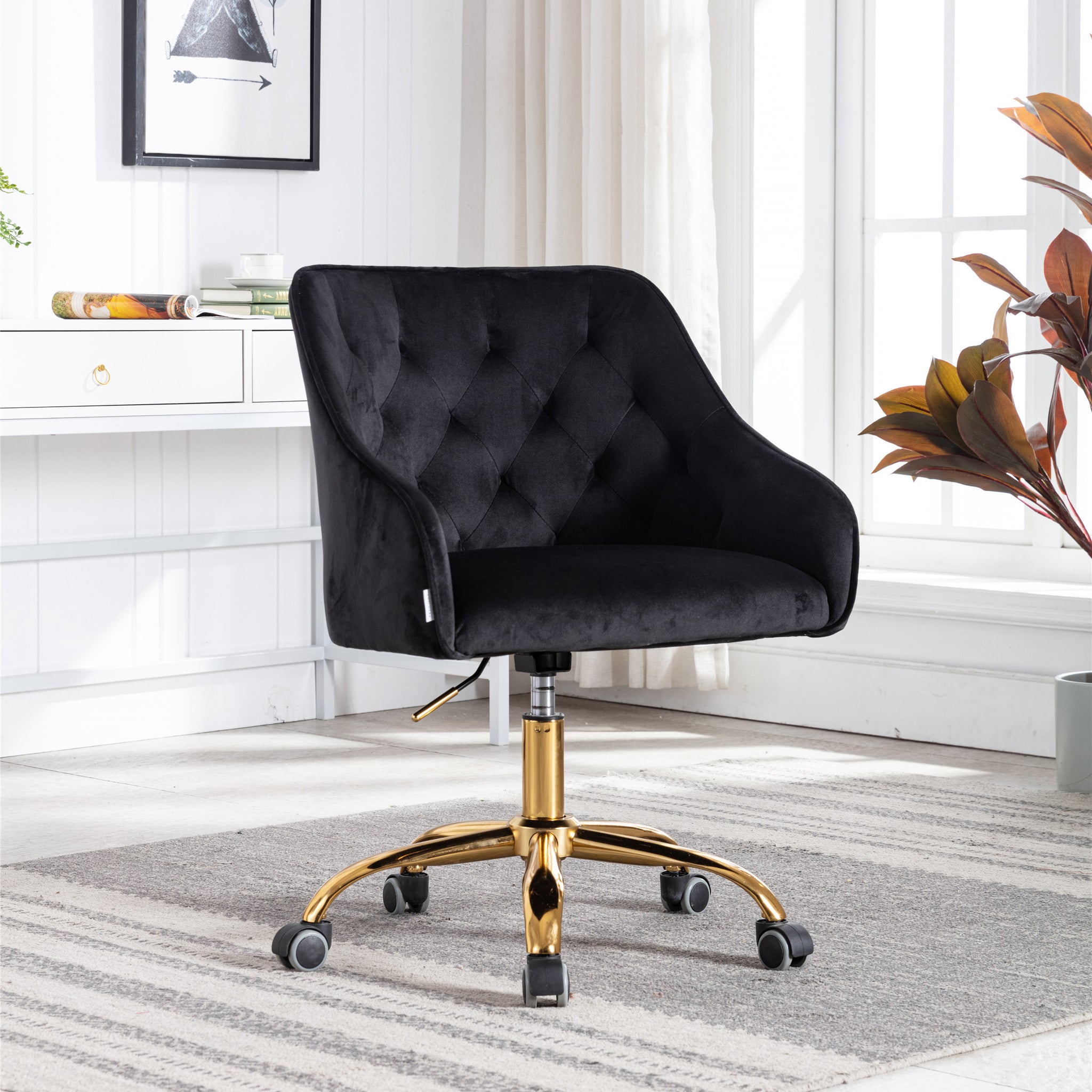 Royard Oaktree Velvet Office Chair Upholstered Swivel Desk Chair 360 Degree Rolling Chair with Gold Metal Base and Wheels Adjustable-Height Leisure Armchair for Living Room/Bedroom/Office