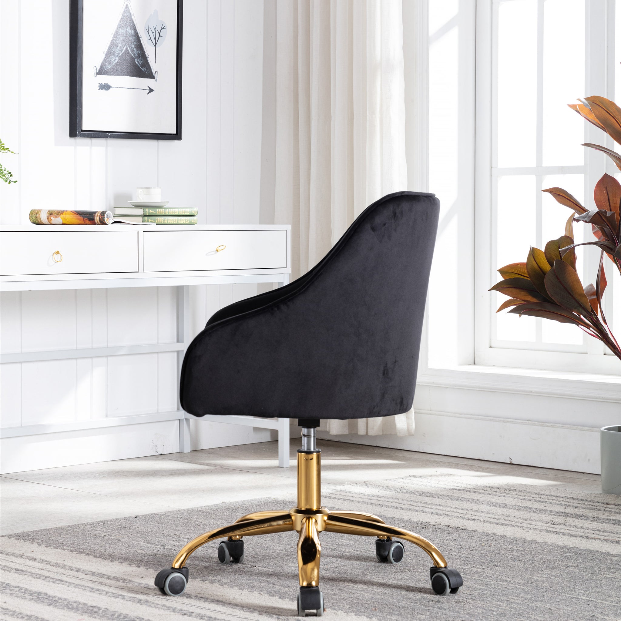 Royard Oaktree Velvet Office Chair Upholstered Swivel Desk Chair 360 Degree Rolling Chair with Gold Metal Base and Wheels Adjustable-Height Leisure Armchair for Living Room/Bedroom/Office