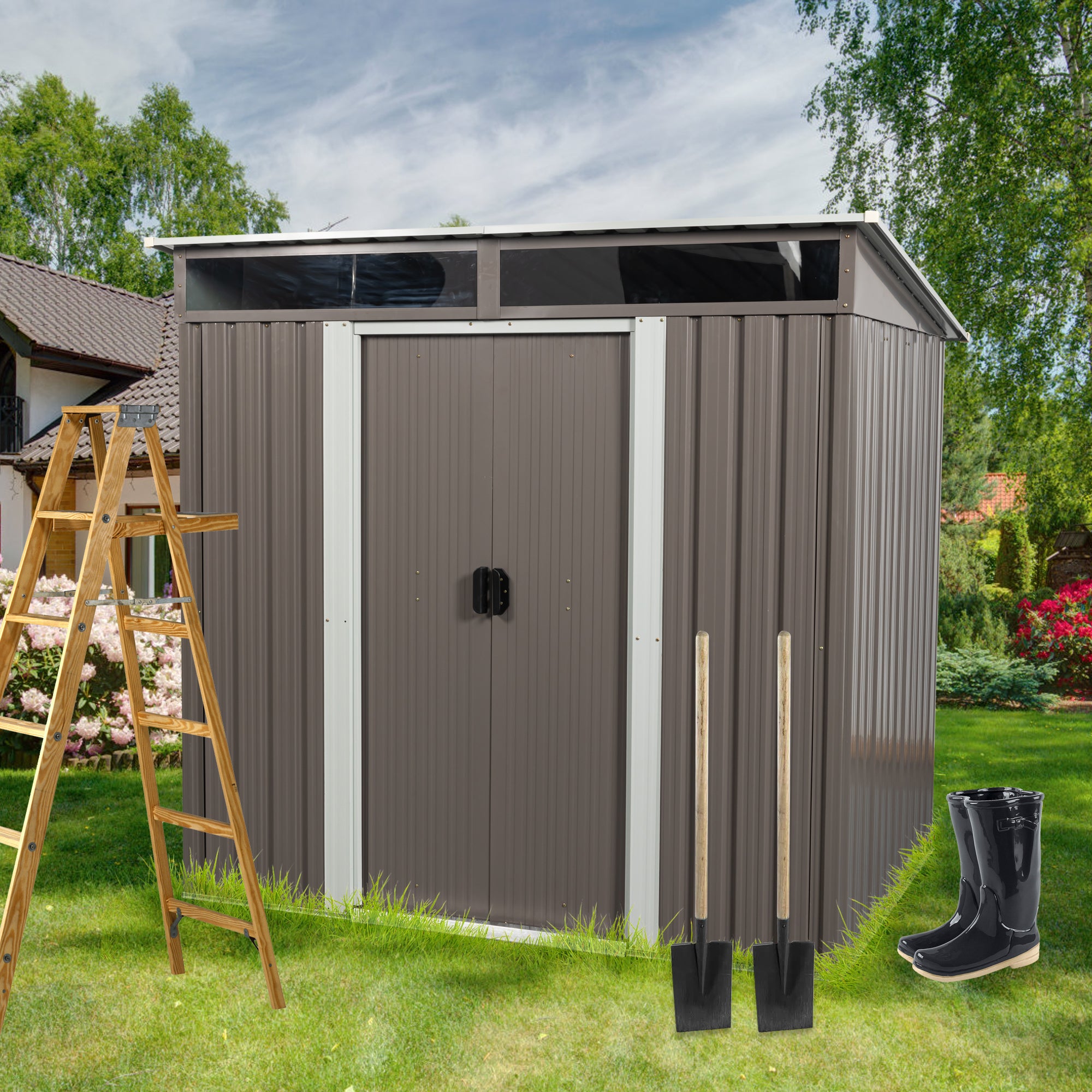 Royard Oaktree 6 X 4.5 Ft Outdoor Storage Shed Metal Garden Shed with Transparent Waterproof Patio Tools Shed with Sliding Doors and Padlock for Backyard Lawn